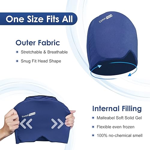 Miniatura 5 de ComfiTECH Envoltura de cabeza de hielo para migraña, sombrero para aliviar el dolor de cabeza para migraña (azul medio) y paquete de 2  ComfiTCH