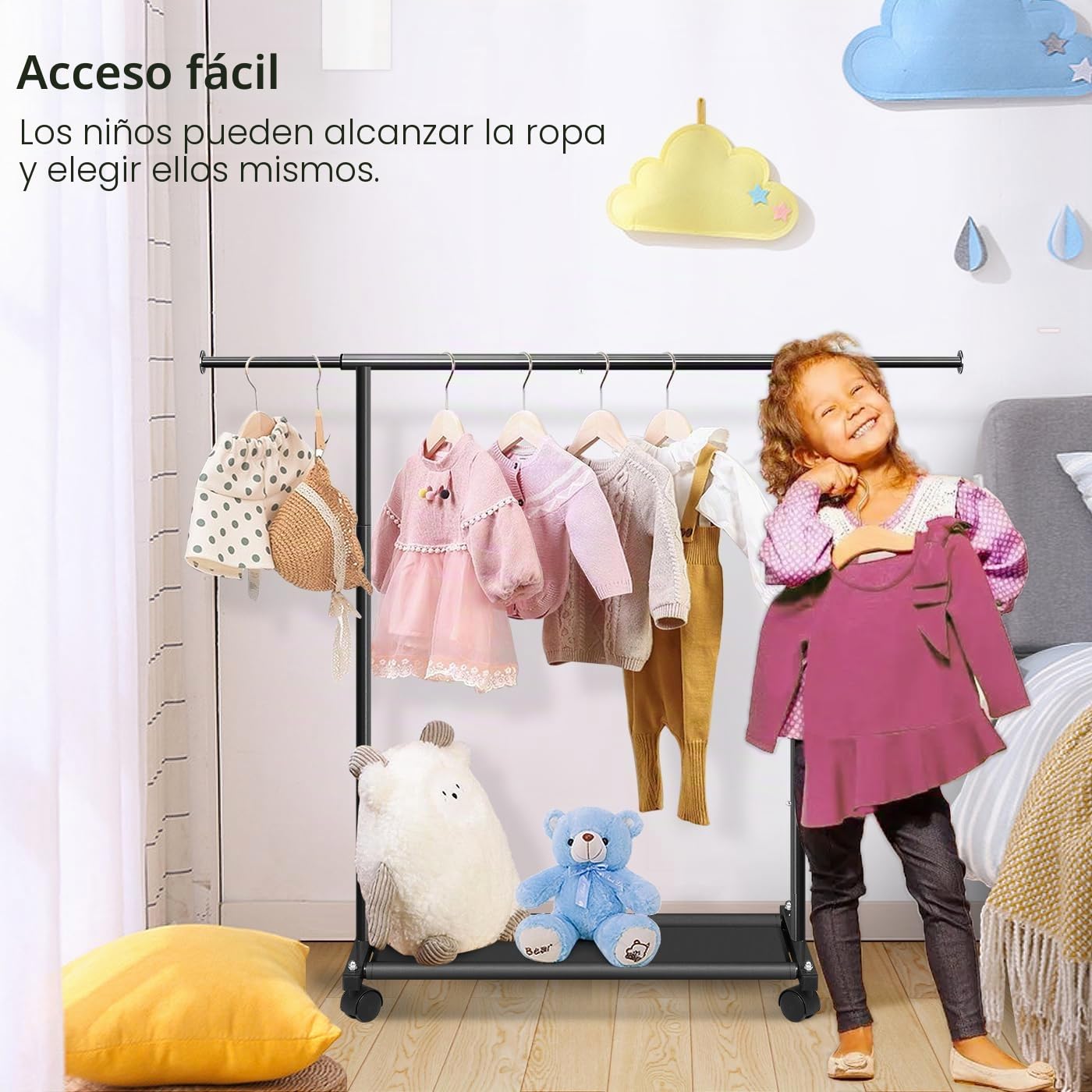 MISSLO Perchero corto para colgar ropa con estantes inferiores y ruedas, perchero resistente con ruedas para abrigos de adultos, armario, armario (negro)