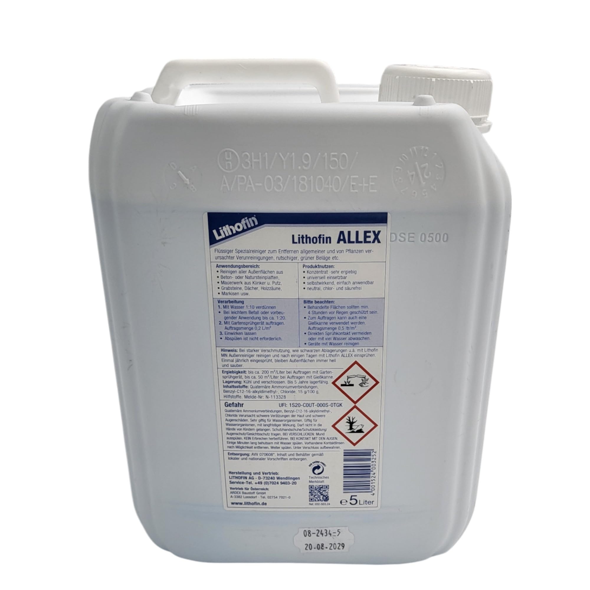 zbs24 Lithofin ALLEX Grünbelagentferner 5 Liter, Reinigungskonzentrat selbstwirkend gegen Algen und Moos, für Terrassen, Naturstein, Betonstein, Klinker, Putz und Holz, inkl. Reinigungsbürste