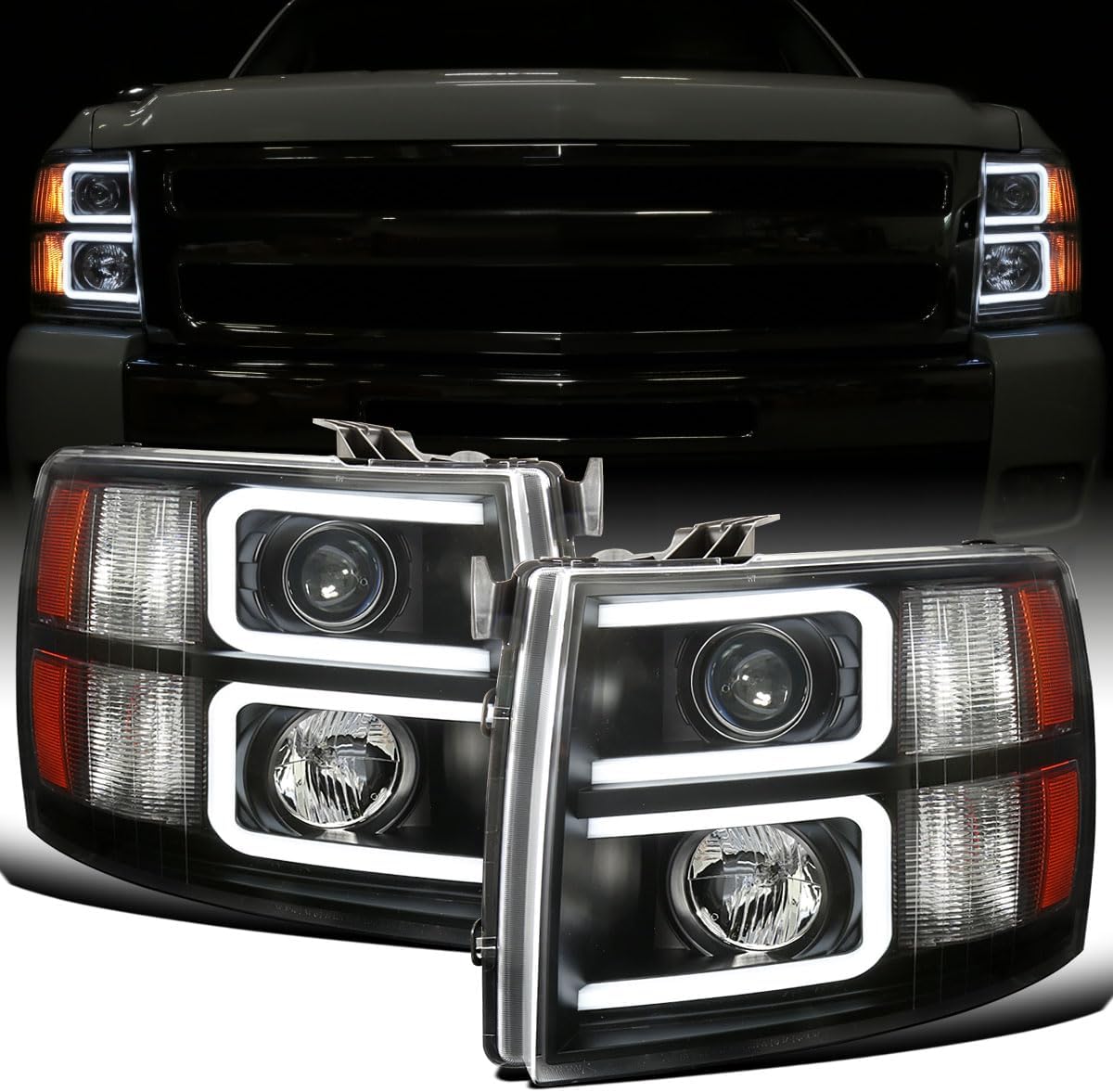 Ronnin - Fits 2007-2013 Chevy Silverado 1500 2007-2014 2500HD 3500HD Pickup Truck Upgraded Replacement LED Tube Projector Headlights Assembly Pair | Black