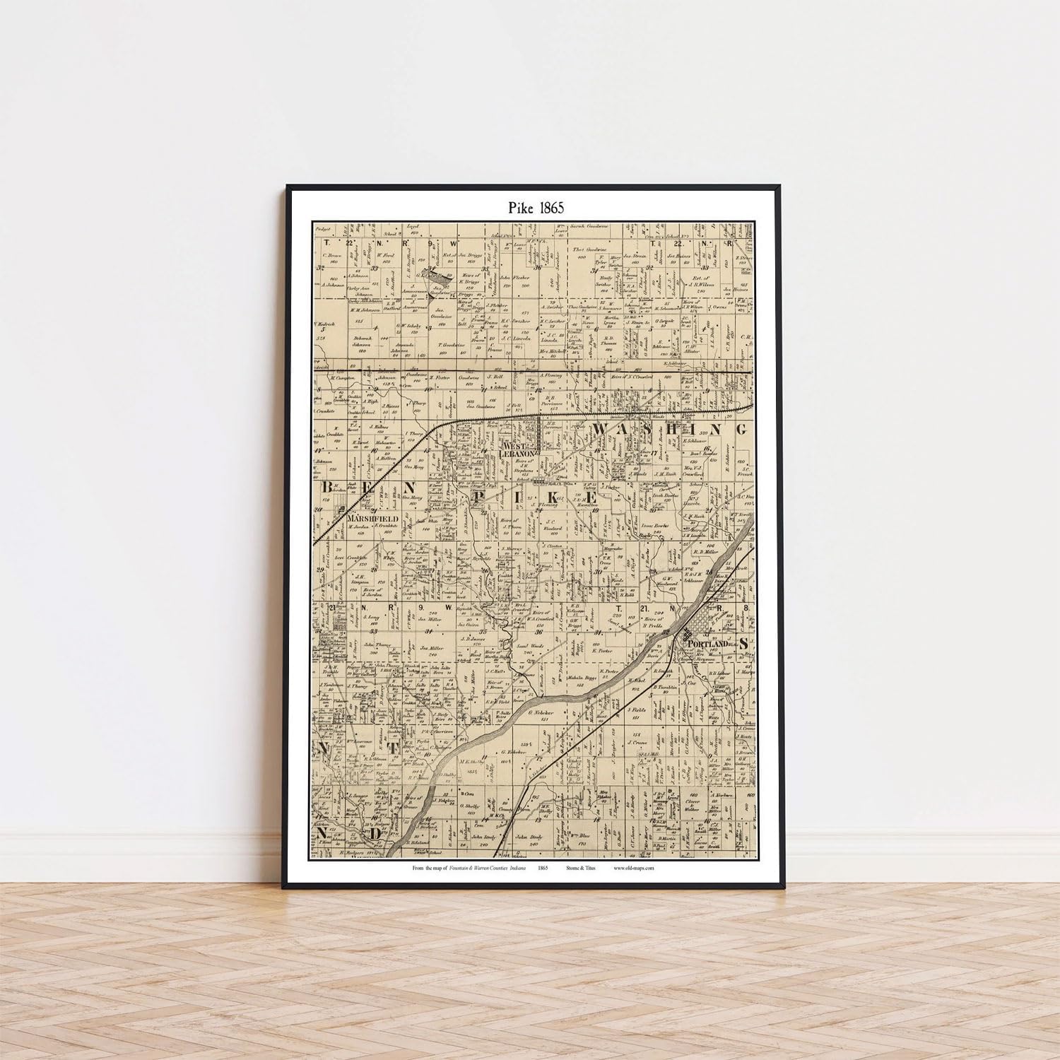 Historical Map Poster Pike 1865 Indiana West Lebanon Warren County IN | 11x17 12x18 16x24 24x36 Unframed Print Wall Art | Vintage Antique Rustic Gift | Home Office Decor