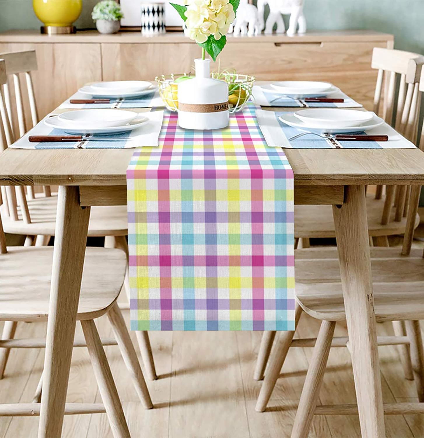 Savannan Easter Table Runner, Happy Easter Spring Colorful Plaid Yellow Blue Pink Purple Cotton Linen Dresser Scarves for Kitchen Daily Use Family Dinners Party Gathering Home Decor 13"x120"