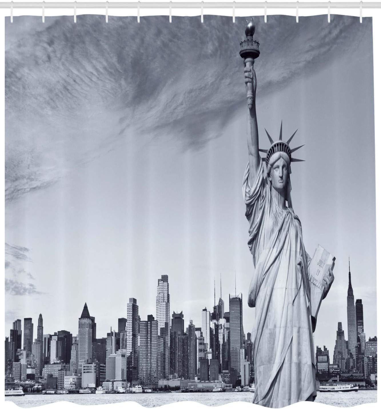 Ambesonne New York City Shower Curtain, Liberty New York City Famous American Monument Landscape Illustration, Cloth Fabric Bathroom Decor Set with Hooks, 69" W x 70" L, Dimgray
