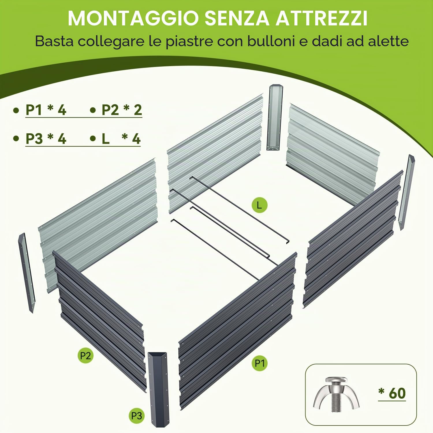 Ohuhu Fioriera Rialzata per Esterno, Cassetta da Giardino in Acciaio Rivestito Rinforzato 180x90x45 cm, Letto da Giardino in Metallo Rivestito Antiruggine per Verdure, Fiori e Sukkulent Grigio