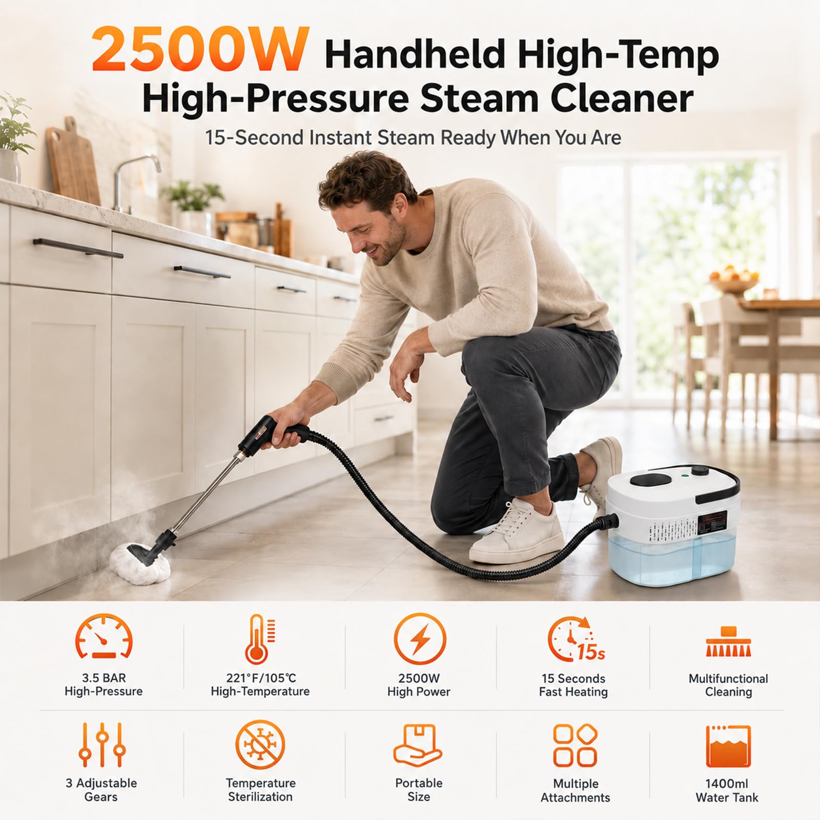 Nettoyeur Vapeur Portable, 2500W Nettoyeur à Vapeur Manuel ,Chauffe Rapide en 15s, 3 Niveaux de Réglage, 1,4L Steam Cleaner, Nettoyeur Vapeur Haute Pression Pour Maison, Cuisine, Salle de Bain, Auto