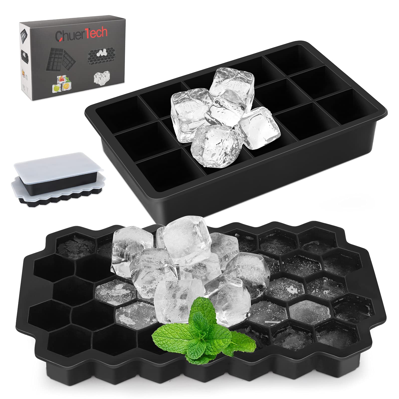 Ice Cube Mould Silicone, [2 Pack] Ice Cube Tray (37+15 Cubes) Ice Cube Makers BPA Free, Easy Release Ice Cubes with Non-Spill Stackable Lids for Cocktails/Whiskey/Gin/Baby Food/Jelly
