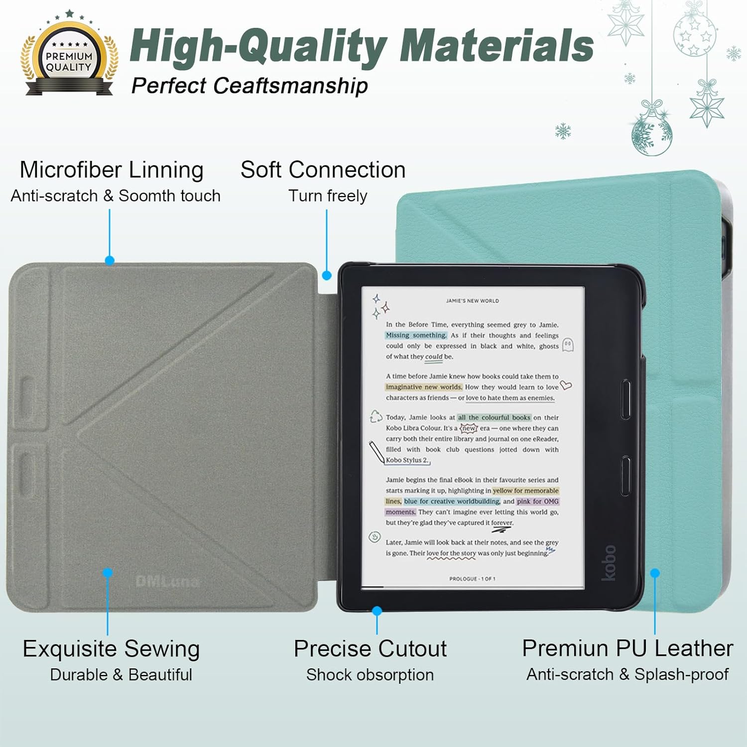 DMLuna Origami 2-Way Stand Case for Kobo Libra Colour (Model:N428, 2024 Release), Slim and Lightweight Premium PU Leather Protective Cover with Auto Sleep Wake Feature - Light Blue