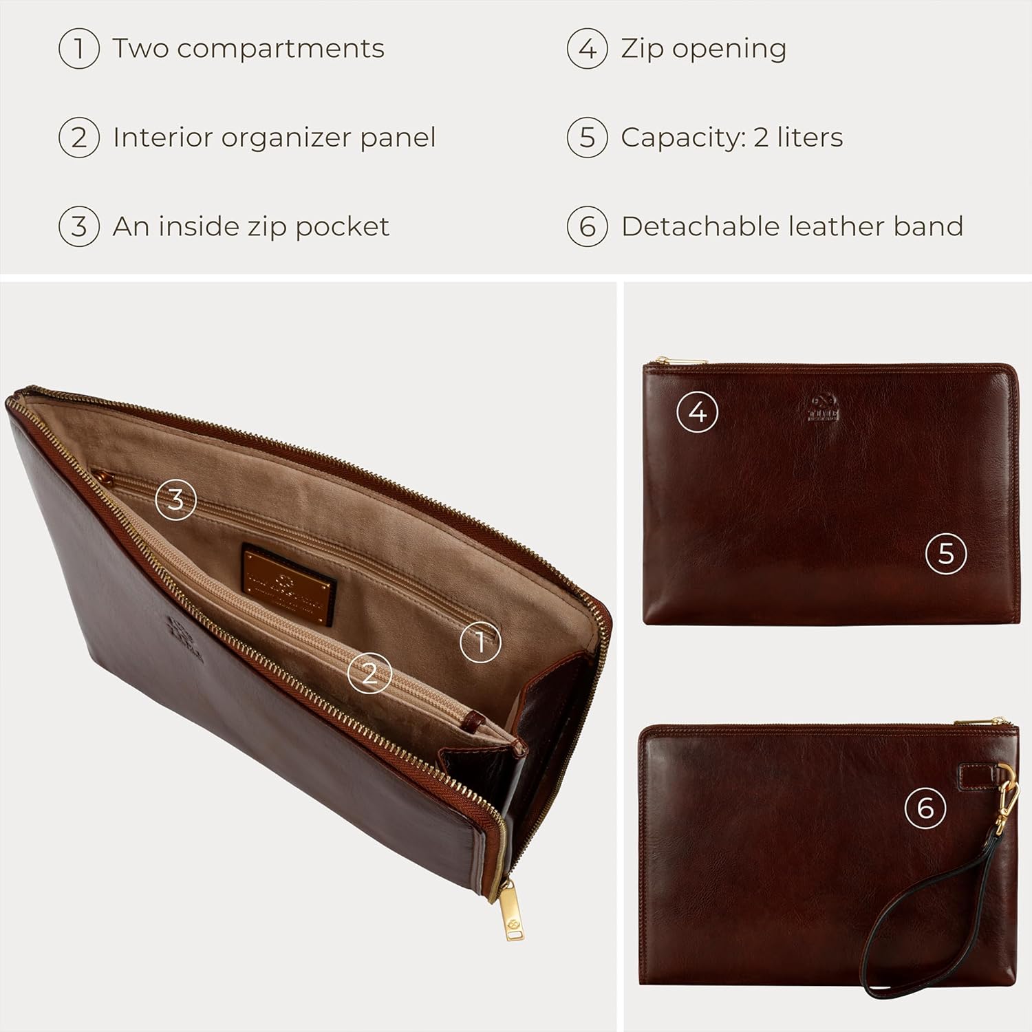 Time Resistance Leather Clutch for Men Organizer Wrist Bag Briefcase Handmade in Italy