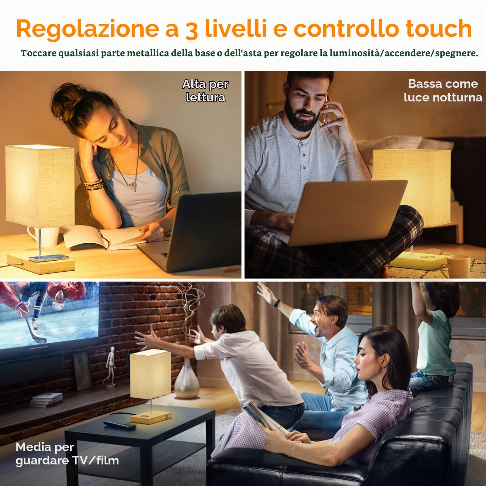 GLUROO Lampada da Comodino con Ricarica Wireless, 2 Porte USB, Controllo Touch abat jour ,Dimmerabile a 3 vie Lampada da Tavolo a LED per Lettura,Soggiorno,Ufficio
