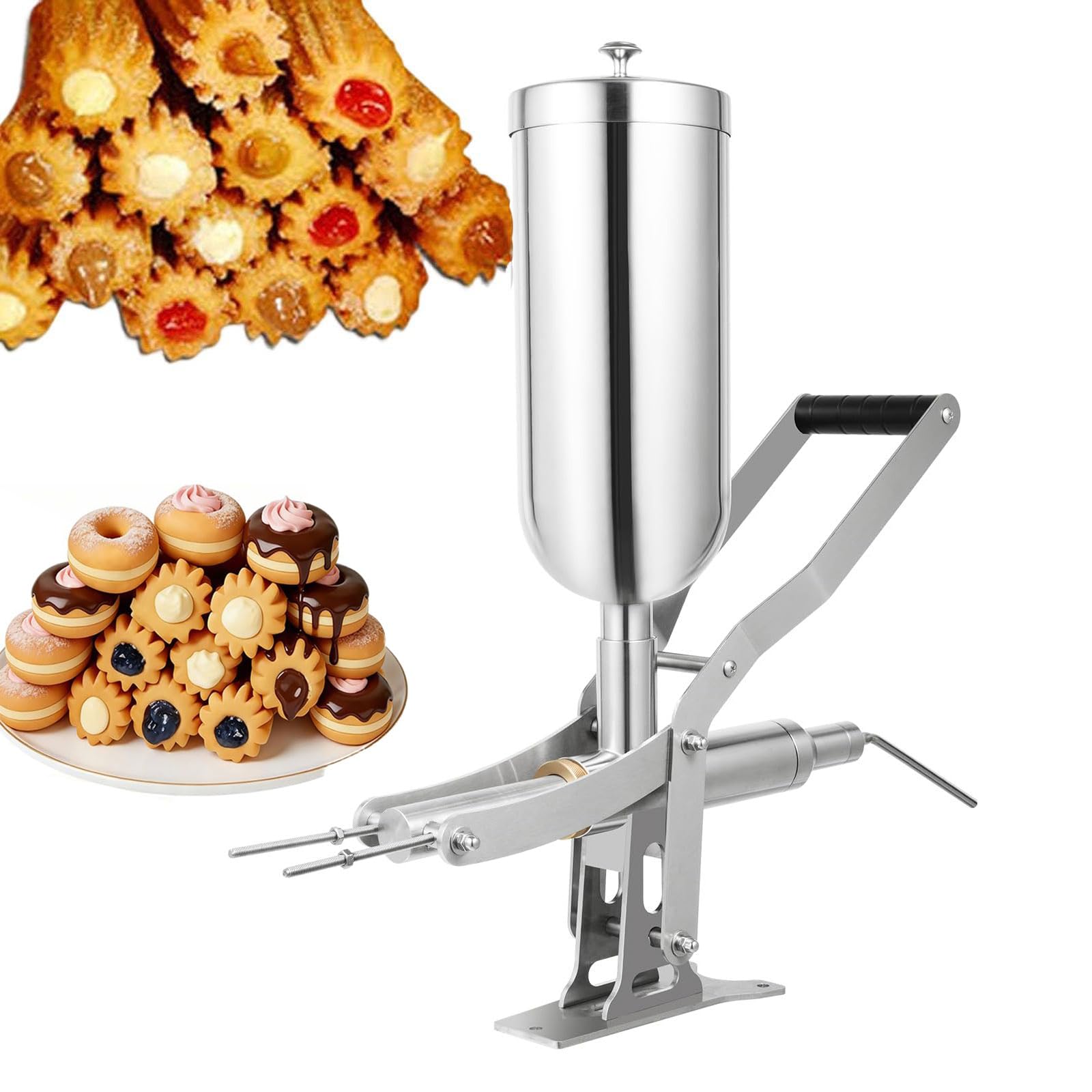 Cette Machine Manuelle à Churros, en Acier Inoxydable 304, est équipée d'un injecteur de crème, Confiture et Chocolat avec 4 Buses Anti-Gouttes pour la Boulangerie.