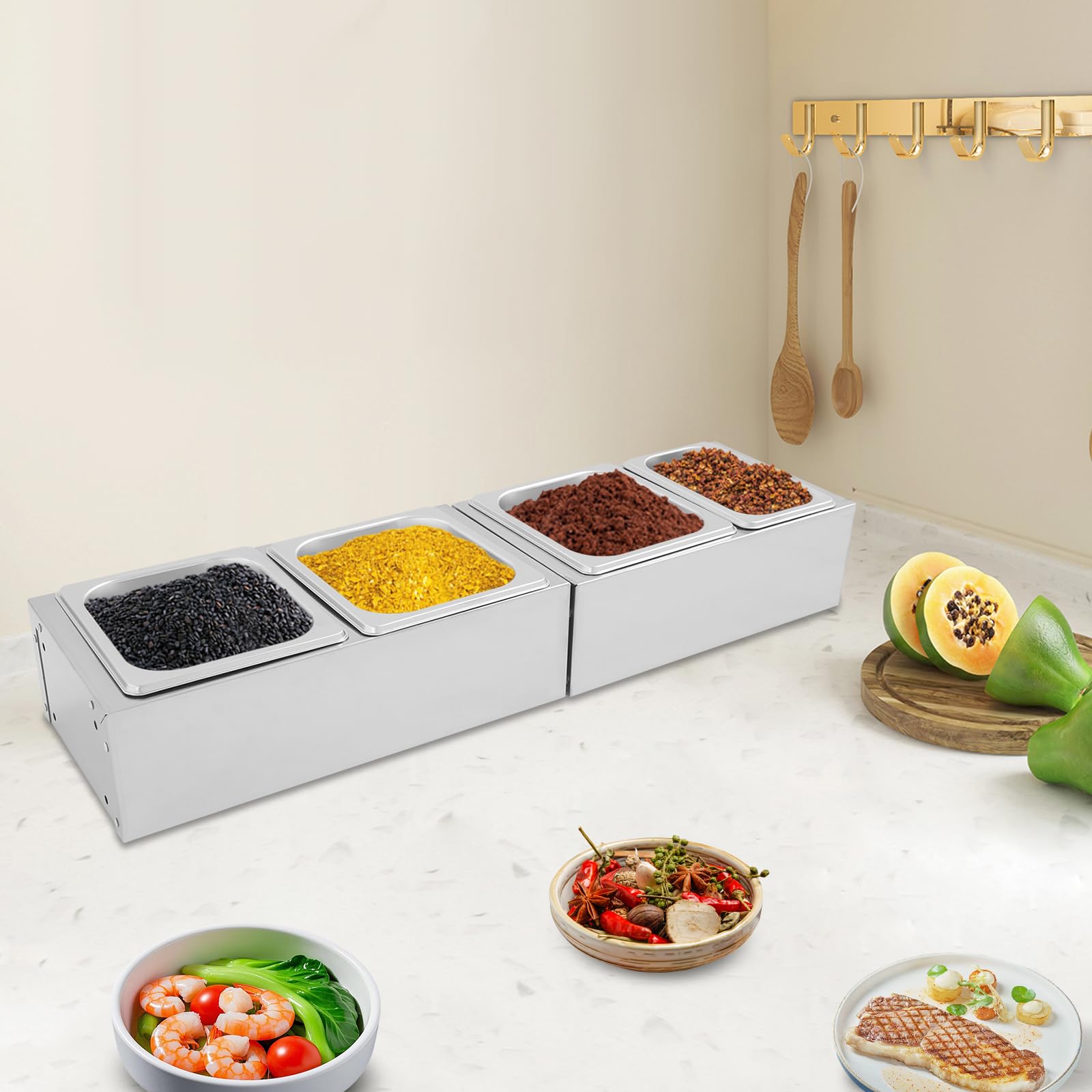 Contenitore per spezie in acciaio inox, da cucina, per spezie, da cucina, con 4 scomparti e 2 supporti per cucina, ristorante, buffet