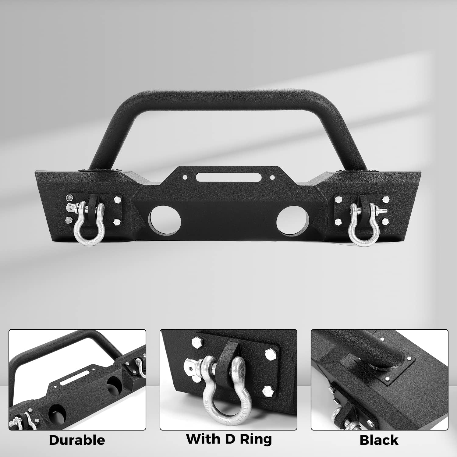 ECOTRIC Stubby Front Bumper Compatible With 2007-2018 Jeep Wrangler JK W/Fog Light Housing & D-rings