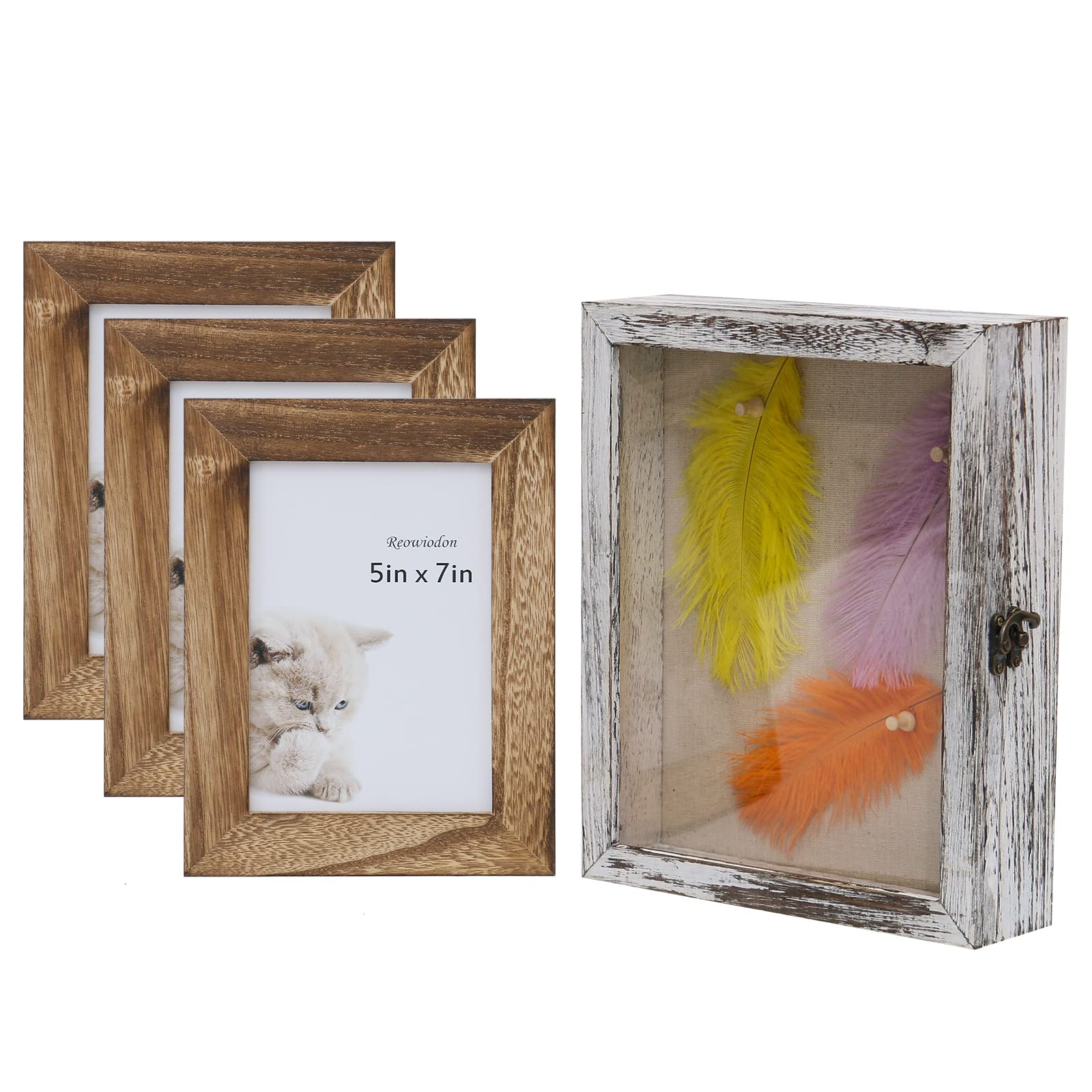 Photo 1 of REOWIODON Rustic Wood Shadow Box Picture Frame, 8x10 White Shadow Box Display Case, 5x7 Brown Picture Frame with Mat, Pet Dog Shadow Box Memorial Frame for Table Top Display Cases