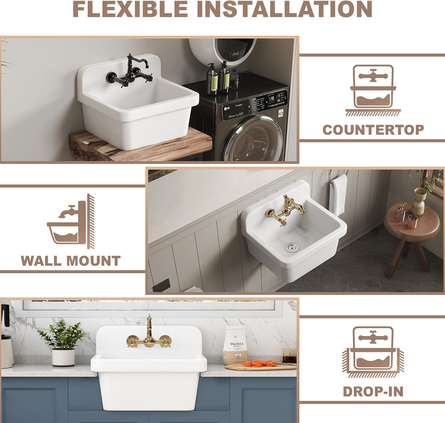 White Utility Sink 21 Inch, Wall Mount Farmhouse Sink, Deep Bowl High Back Laundry Sink with Accessories, Fireclay Porcelain Floating Slop Tub for Laundry Room, Kitchen, Garage, Bathroom