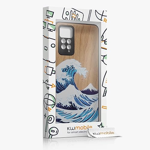 Miniatura 7 de kwmobile Funda de madera compatible con Xiaomi Redmi Note 11 ProNote 11 Pro (5G)  Note 12 Pro (4G), funda - The Great Wave azulblancomarrón