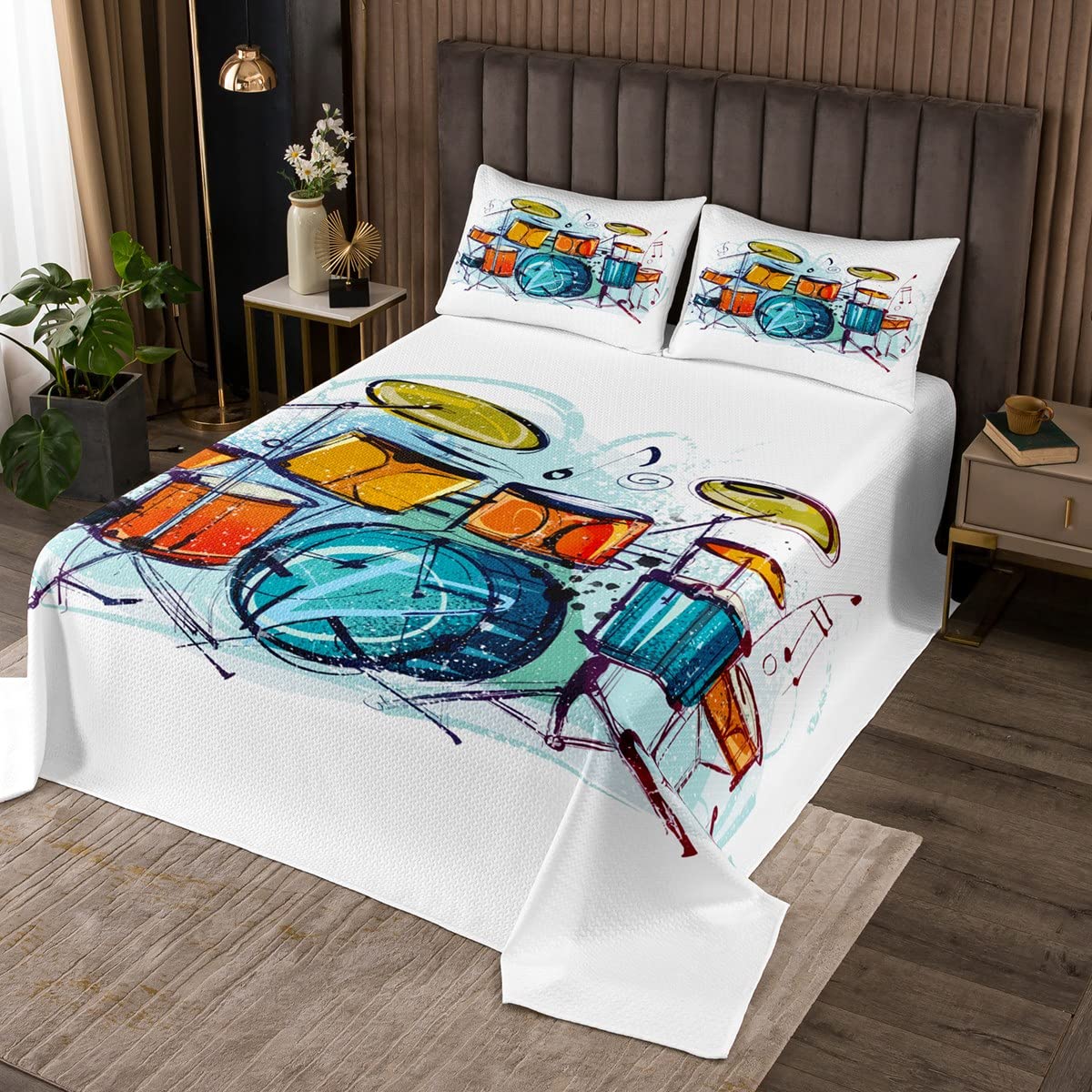 Rock Music Coverlet Set Drum Kit Copriletto per Bambini Ragazzi Ragazze Adolescenti Camera Decor Strumento Musicale Trapuntato Coperta Hip Hop Colorato Bianco Trapuntato 3Pcs260x240cm
