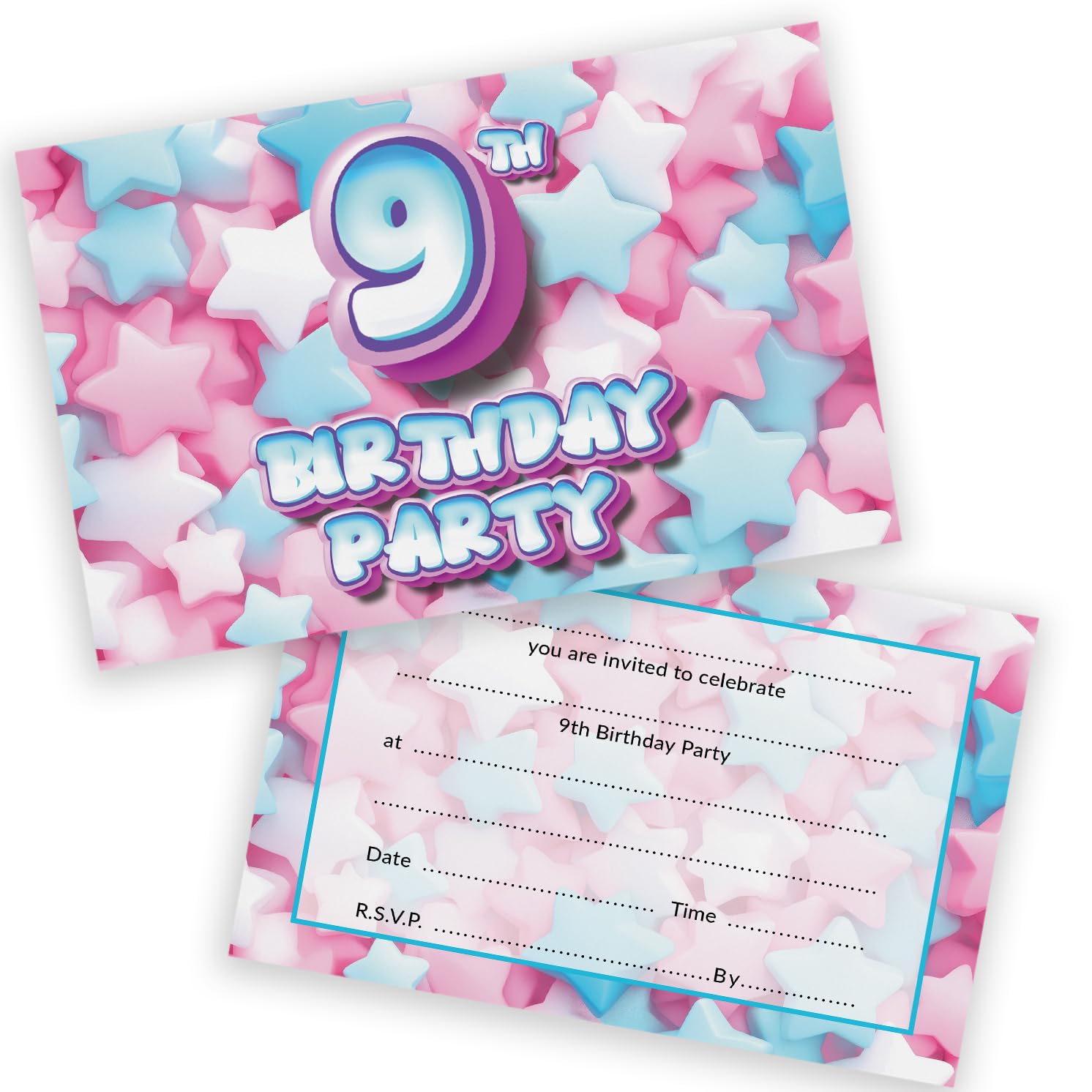 9th Birthday Party Invitations Kids - Sweet Marshmallow 36 Pack - Childrens Birthday Invitations for Boys/Girls A6 Bday Party Invites Invitation Cards with Folding Envelopes
