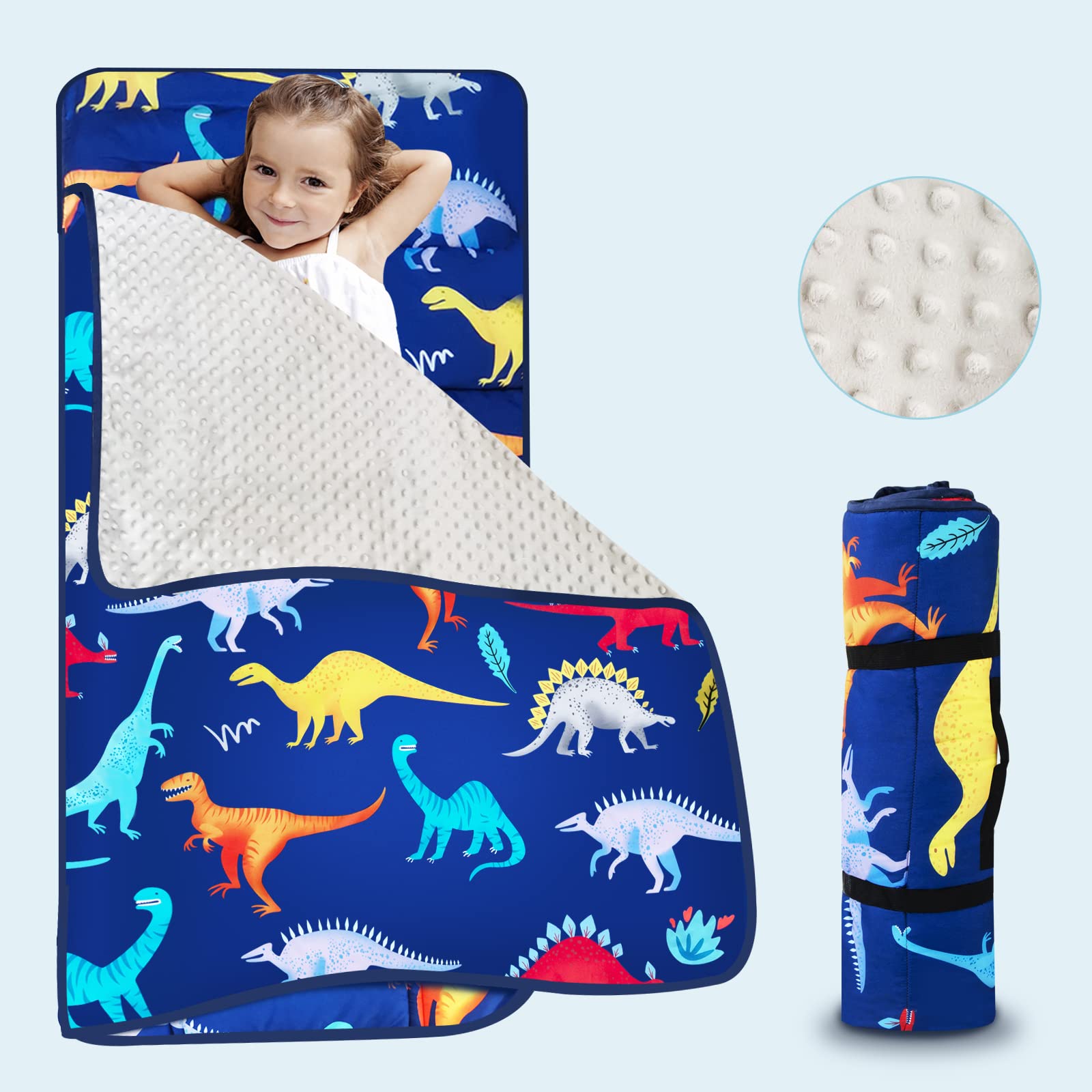 Tapis De Sieste Enfant Avec Oreiller Et Couverture - Motif Dinosaure, Roulable, Pour Crèche Et Voyage