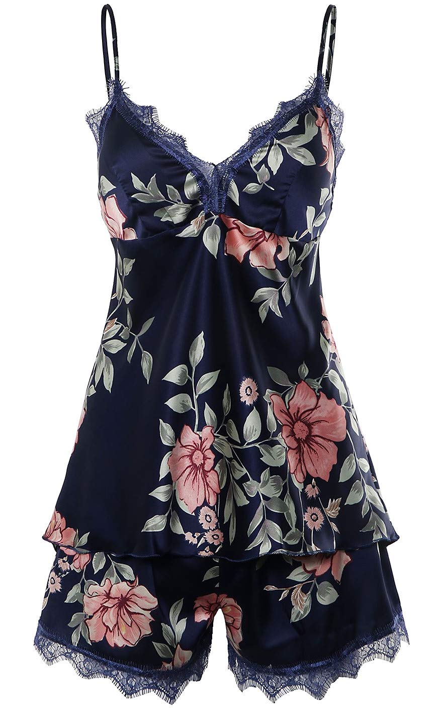 BellisMira Sexy Slip Satin Nightwear Lace Cami Padded/Unpadded Flower Pajamas V-Neck Sleepwear Floral Silk Nighty for Women