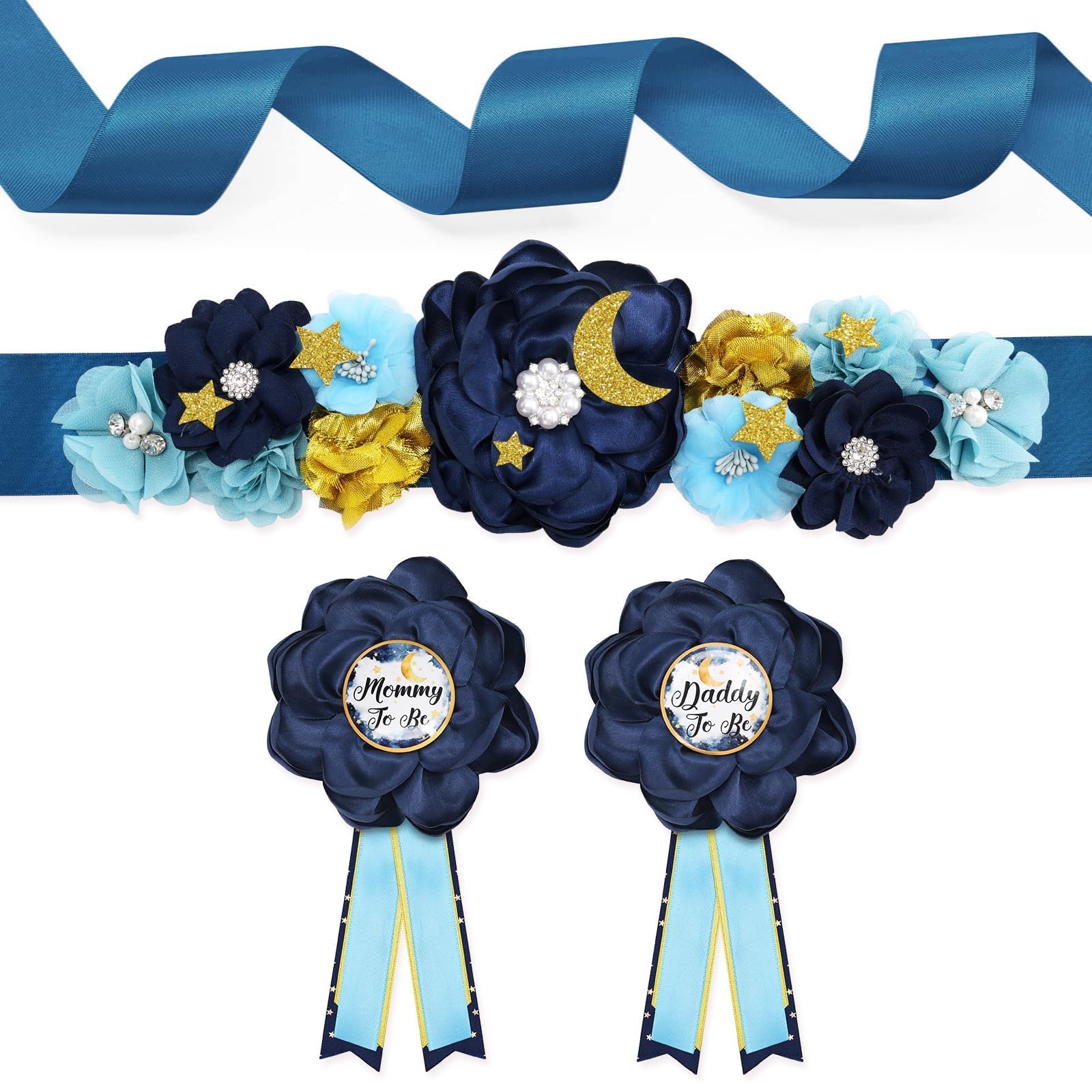 Vansolinne Star and Moon Maternity Sash Kit Mom to Be Daddy to Be Corsage Pin Over The Moon Baby Shower Decorations Navy Blue Twinkle Twinkle Little