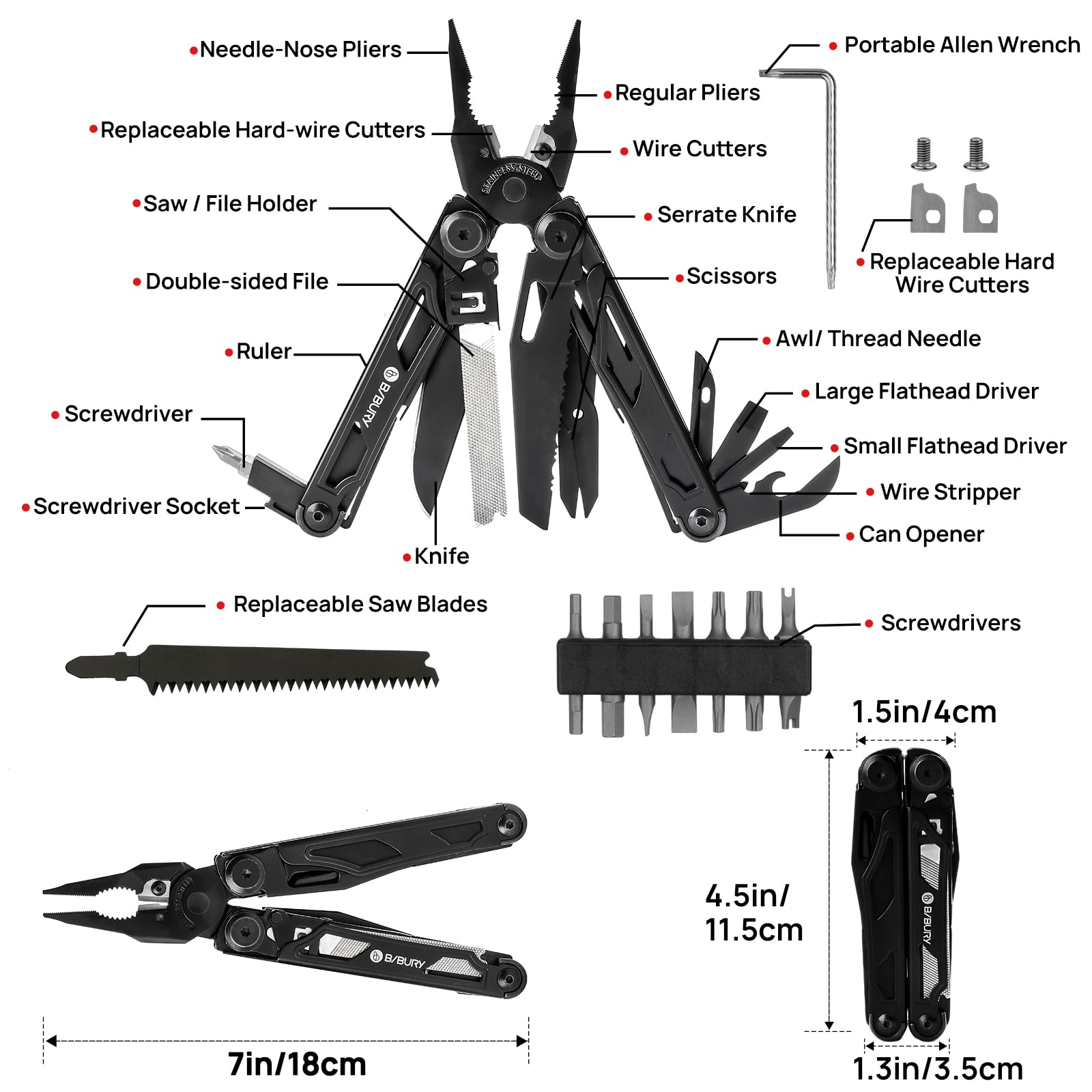 BIBURY 16 in 1 Multi Tool faltbare Zange mit verbesserter Schere und Schraubendreher, mit Nylontasche, ideal für Outdoor, Wandern, DIY, Reparaturen, Geschenk für Papa Männ