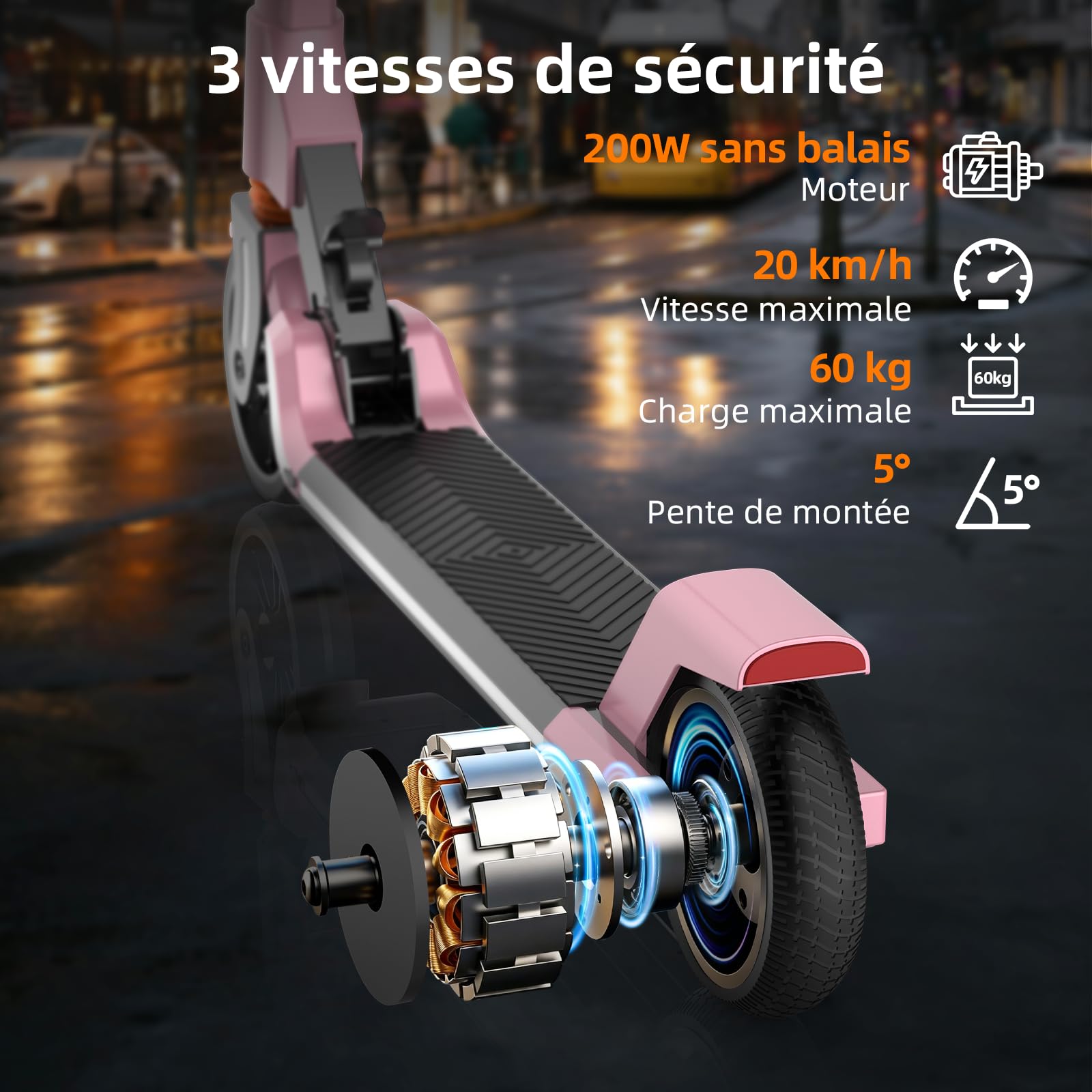 Trottinette Électrique pour Enfants avec Moteur sans Balais 200W, Autonomie 8–13 km, Double Système de Freinage, Réglable en Hauteur et Pliable, Éclairage LED pour Adolescents