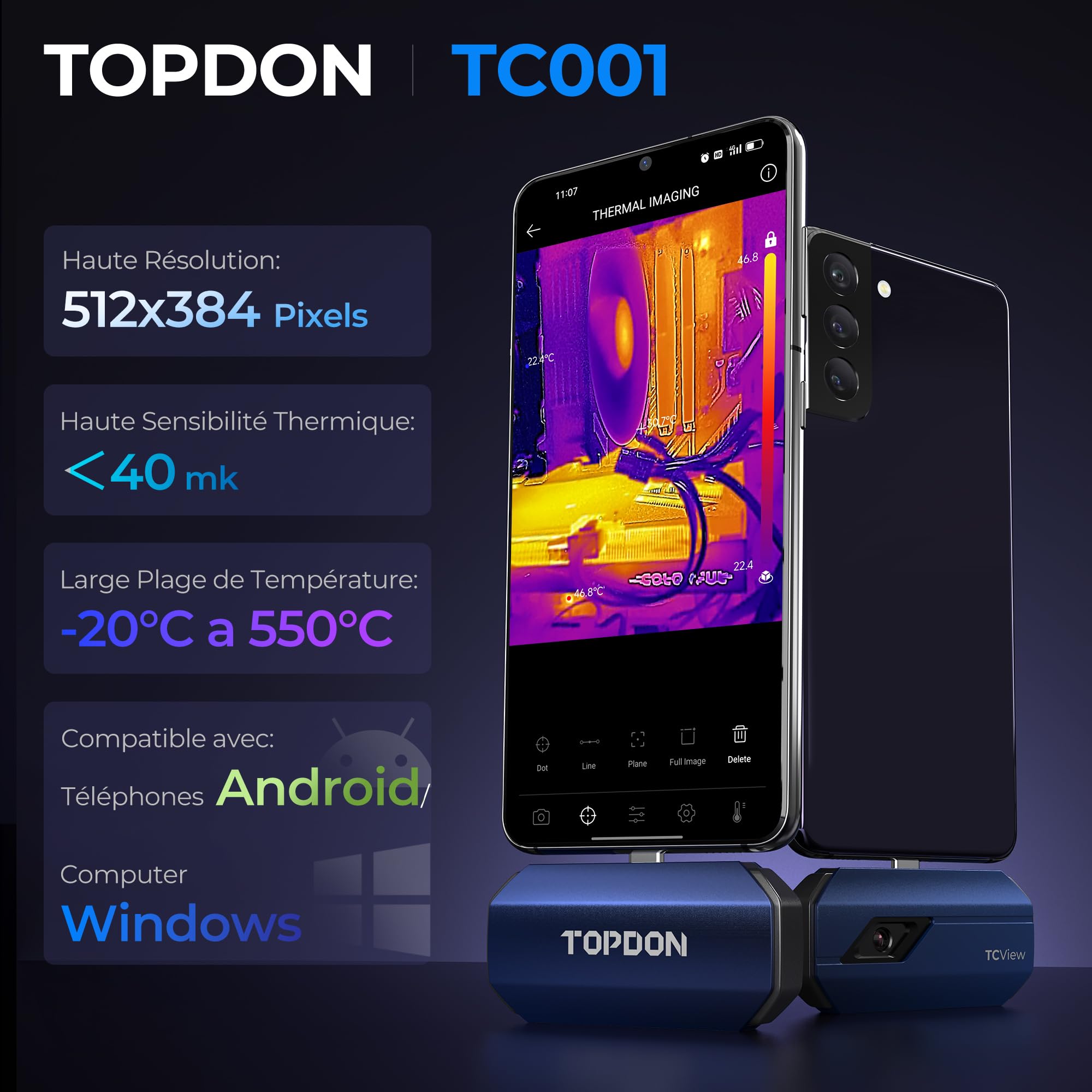 TOPDON TC001 Imageur Thermique, Caméra Thermique Infrarouge Android USB C, 512 * 384 TISR Haute Résolution, Clarté Thermique Accrue, -20℃ à 550℃, 0.1℃ Précision de Test pour Smartphone/Tablet/Windows