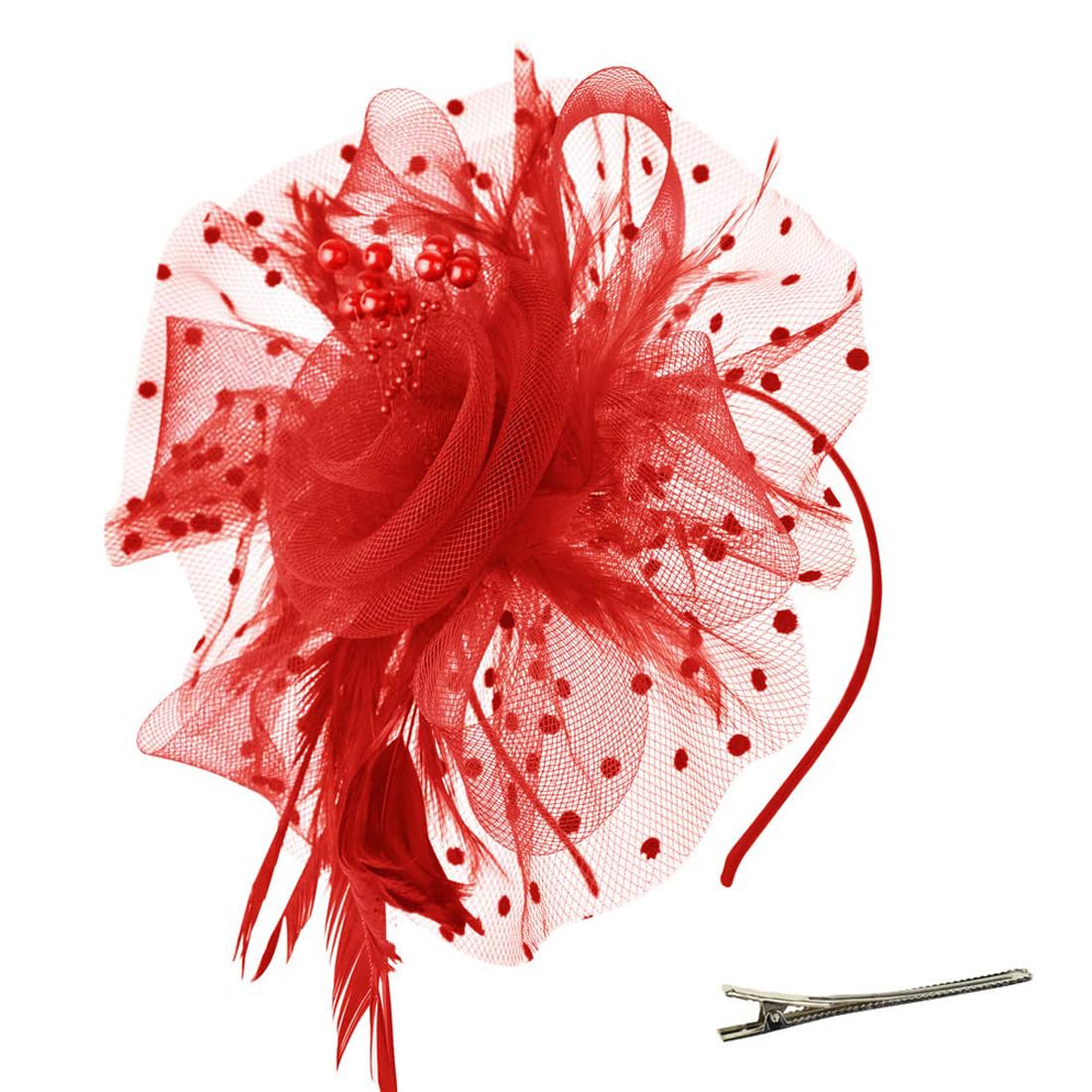 AOWVUTS Fascinators Hat Flower Mesh Ribbons Veil Feathers on a Headband and a Clip Elegant Bridal Headpiece Cocktail Tea Party Wedding Prom Headwear for Girls and Women Red