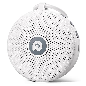small, round white speaker. Buttons are visible along the edge.