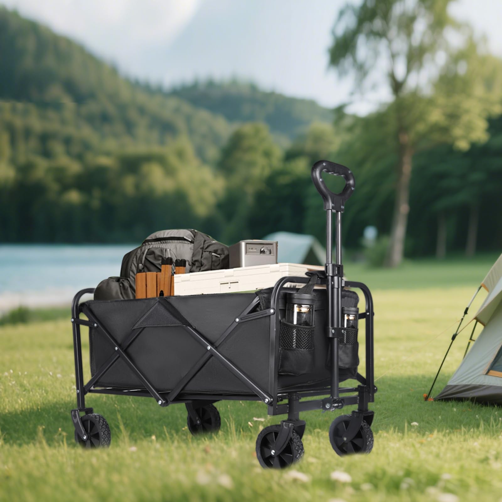 Carrello Spiaggia Portatutto 100L Pieghevole con Ruote Girevoli 360° Manico Regolabile 2 Tasche Portata 75 kg Campeggio Escursioni Spesa (Utensy Nero)