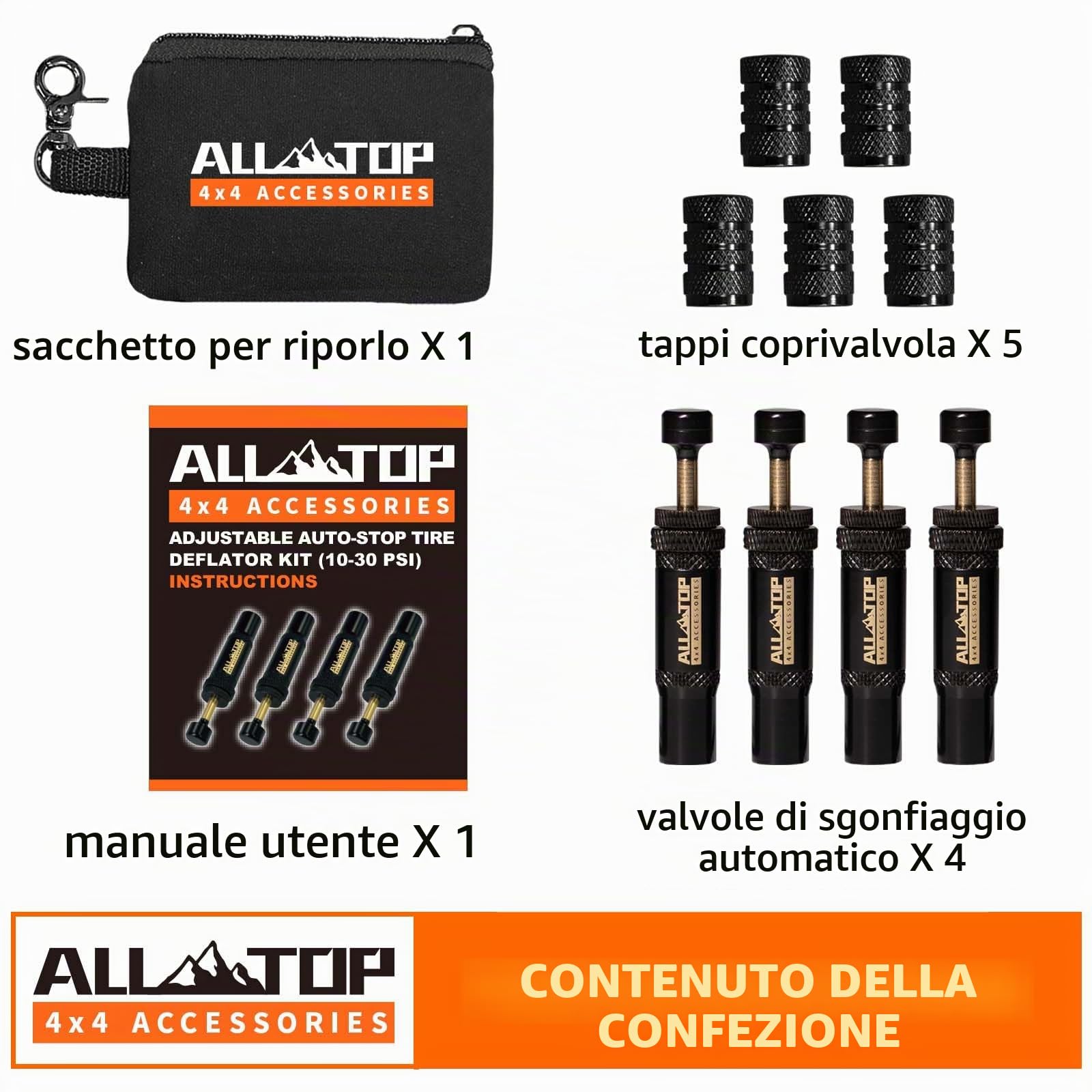 ALL-TOP Kit Valvola di Deflazione Pneumatici Regolabile con Auto-Stop (10-30 PSI) 4 PEZZI Strumento per Scaricare l'Aria per Pneumatici per Fuoristrada 4x4 (con 5 Tappi per valvole)