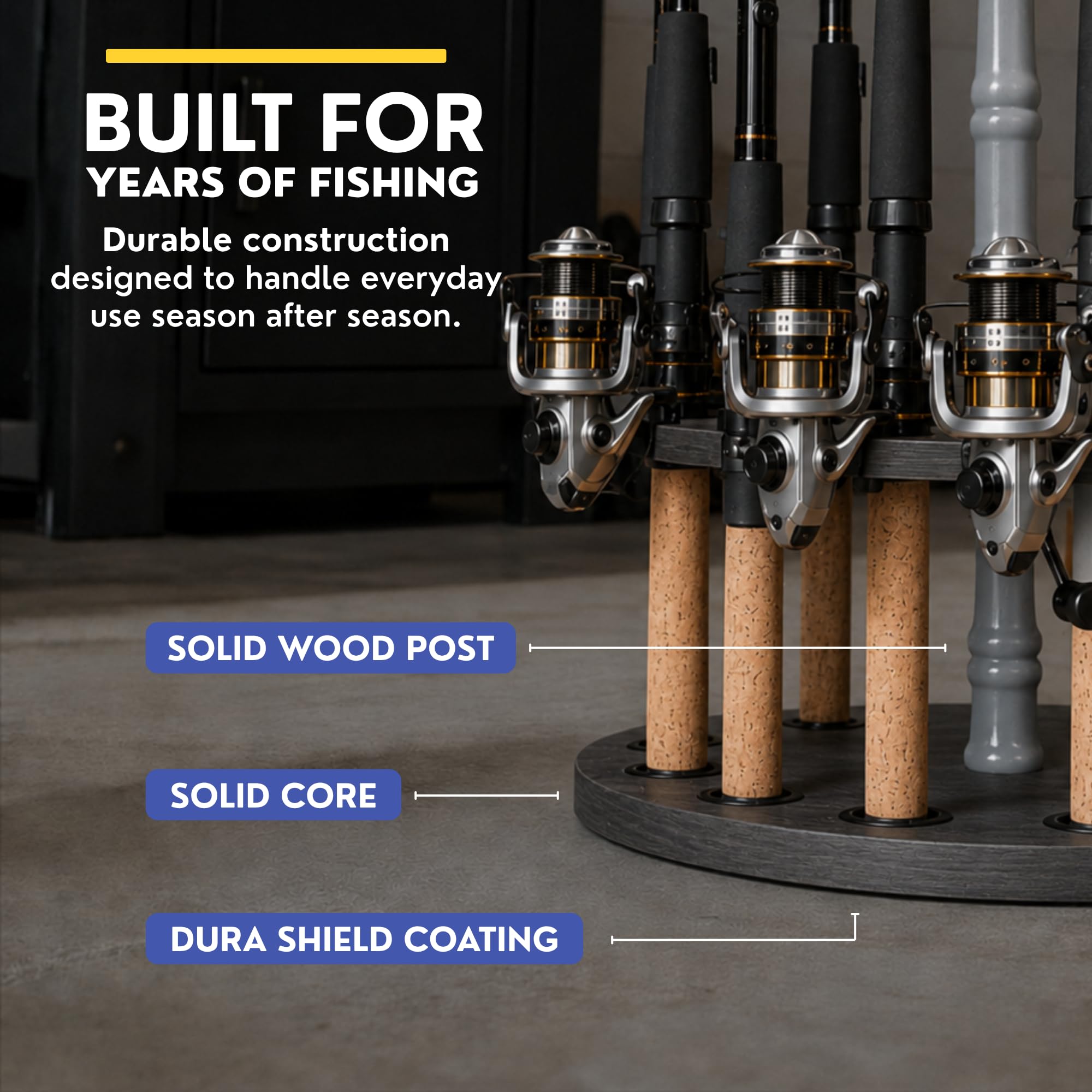 Rush Creek Creations 16-Rod Round Fishing Rod Holder for Garage, 360° Access Fishing Pole Holder for Fishing Rods, Reels, and Gear, Securely Holds 16 Rods, Barnwood : Sports & Outdoors