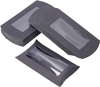 BENECREAT 30 szt. 12,5 x 7,5 x 4 cm czarne pudełka na poduszki z papieru typu siarczanowego z przezroczystym oknem, pudełko do pakowania słodyczy pudełko na baby shower, urodziny i wesele