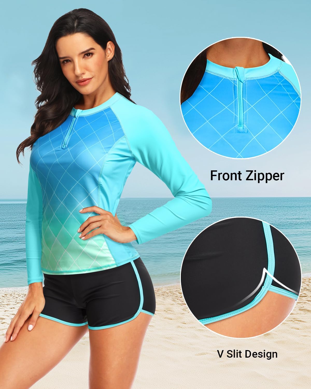 Women Long Sleeve Rash Guard - Two Piece Swimsuit with Shorts UPF 50+ Bathing Suit Built in Bra Surf Swim Shirt - Image 5