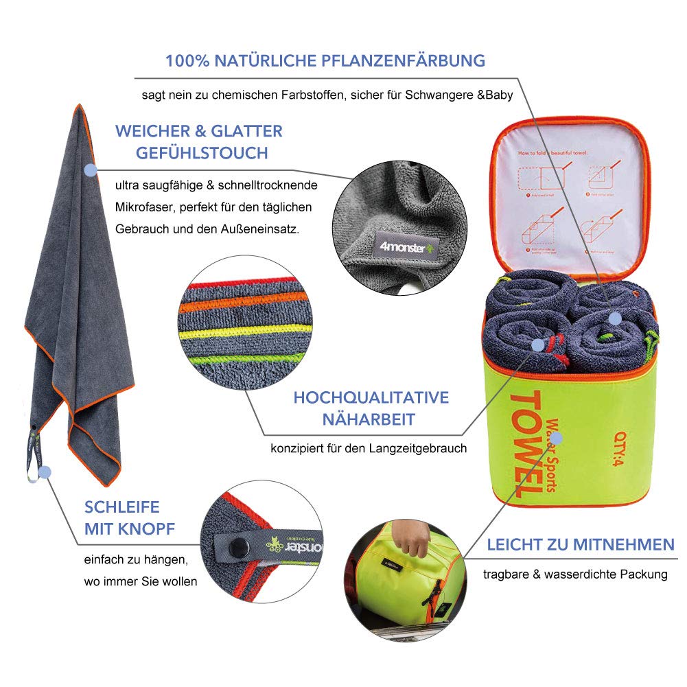 4Monster Toallas de microfibra de 4 unidades, ultra absorbentes, de secado rápido, toallas deportivas para viajes, gimnasio deportivo (verde)