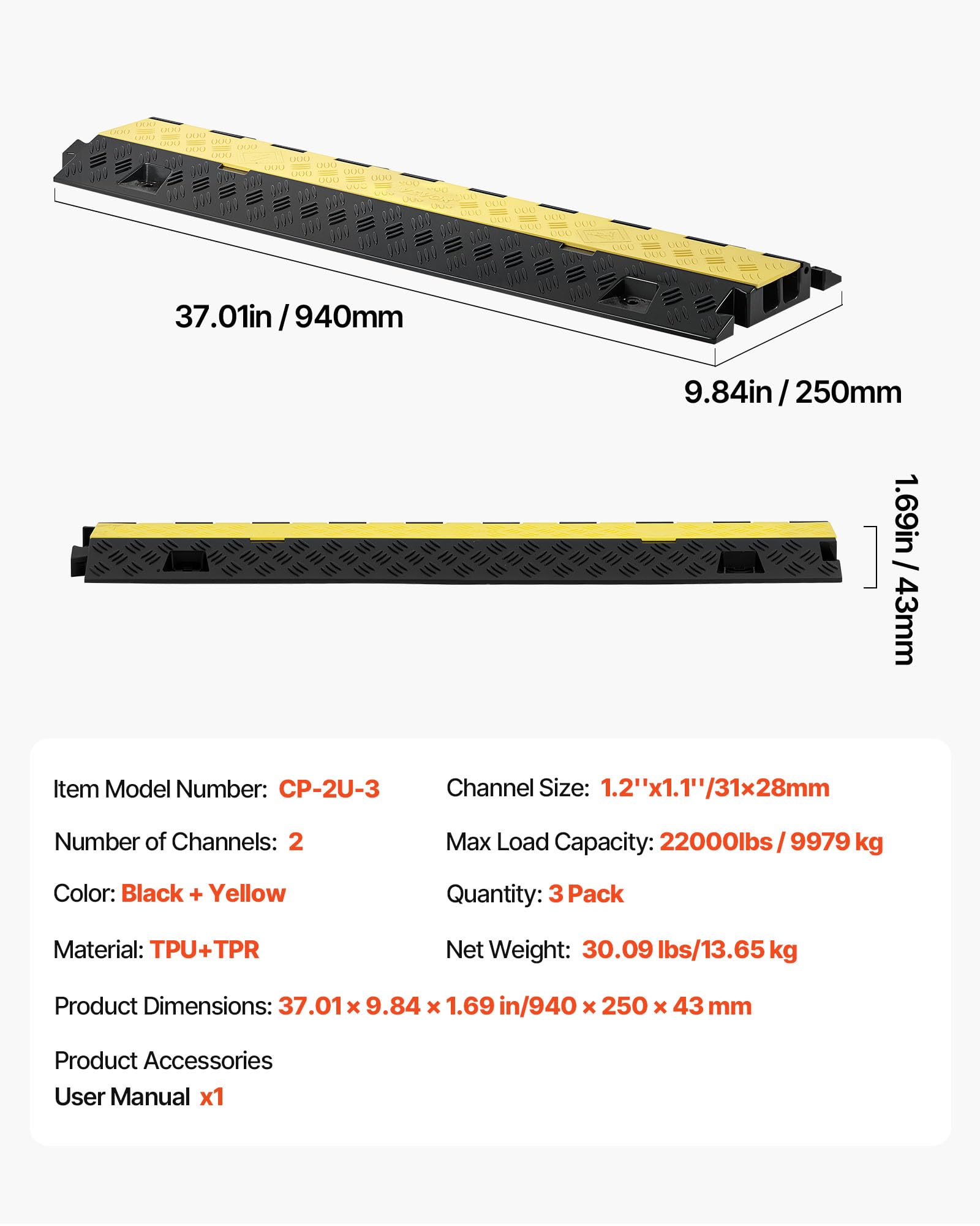 VEVOR Protector de Cables para Suelo de 2 Canales de 31 x 28 mm, Rampa de Protección de Cable Carga de Capacidad de 9979 kg, Rampa para Interiores, Exteriores, Hogar, Oficina, Almacén, 3 Piezas
