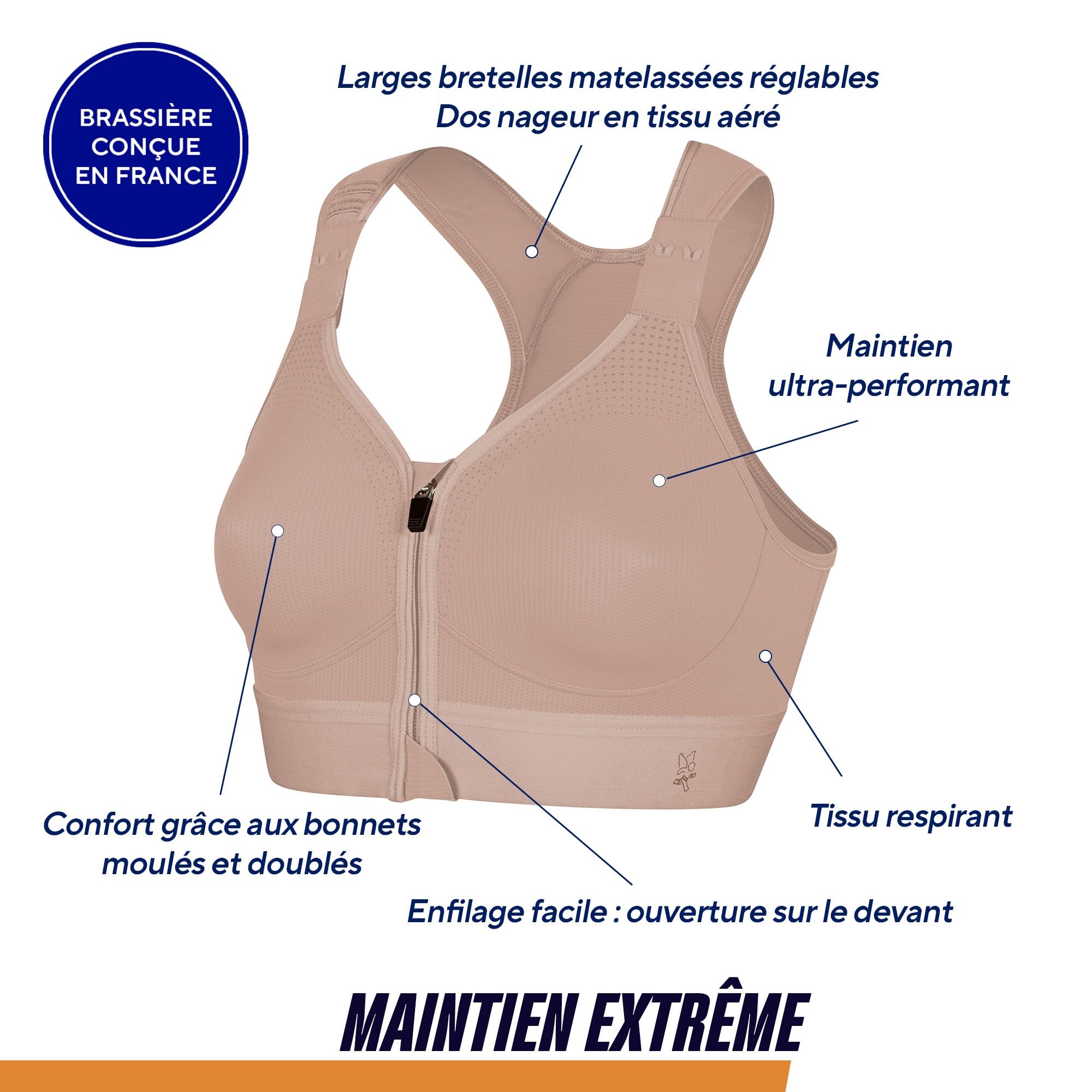 THUASNE - Reggiseno Sportivo con Cerniera Eaz’ip Evolution - Sostegno Forte/Estremo - Progettato per Sport ad Alto Impatto - Cerniera Anteriore - Spalline Imbottite e Regolabili