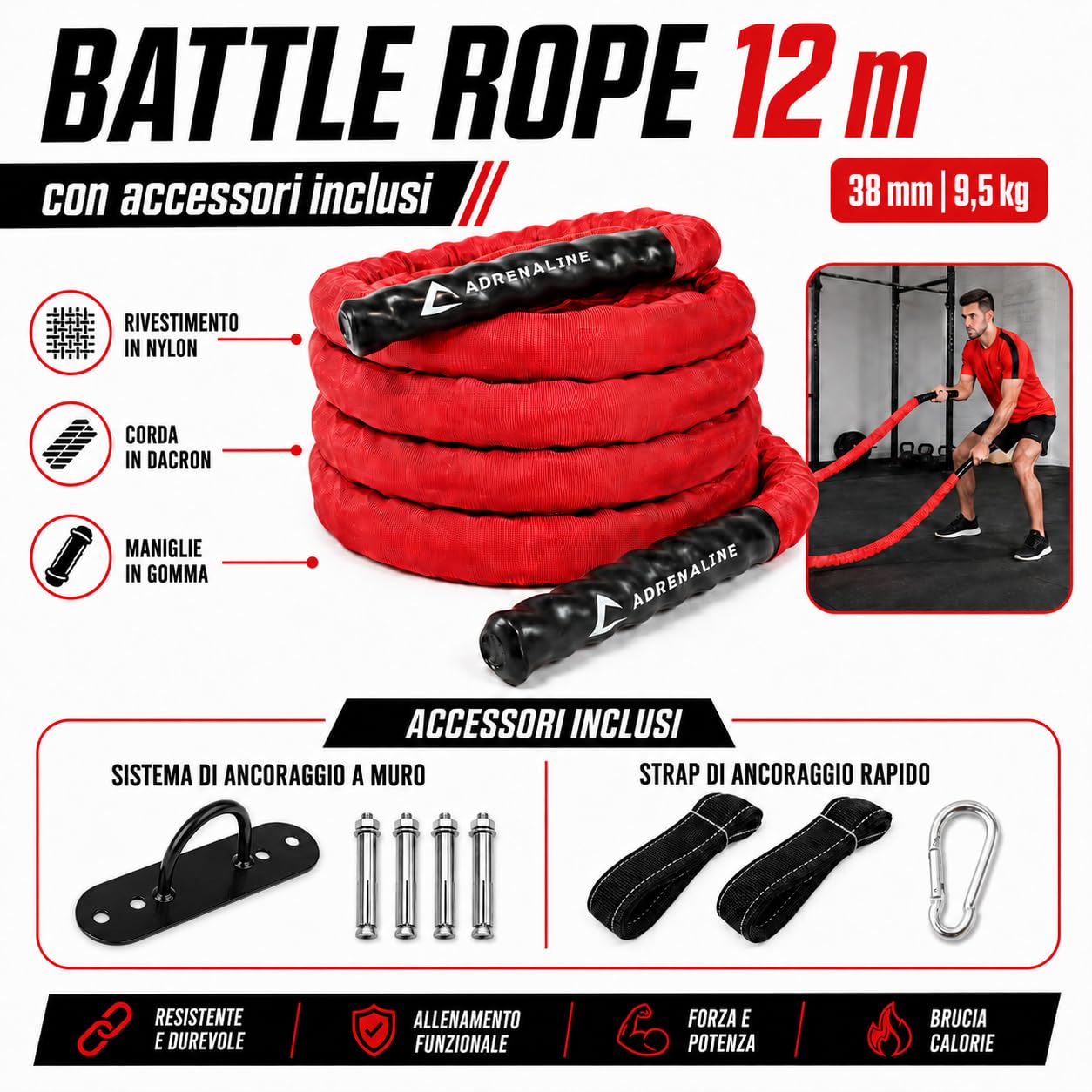 Adrenaline Battle Rope 12 m, 38 mm, 9,5 kg, con Rivestimento in Nylon, Maniglie in Gomma, Kit di Fissaggio a Muro, Strap e Moschettone