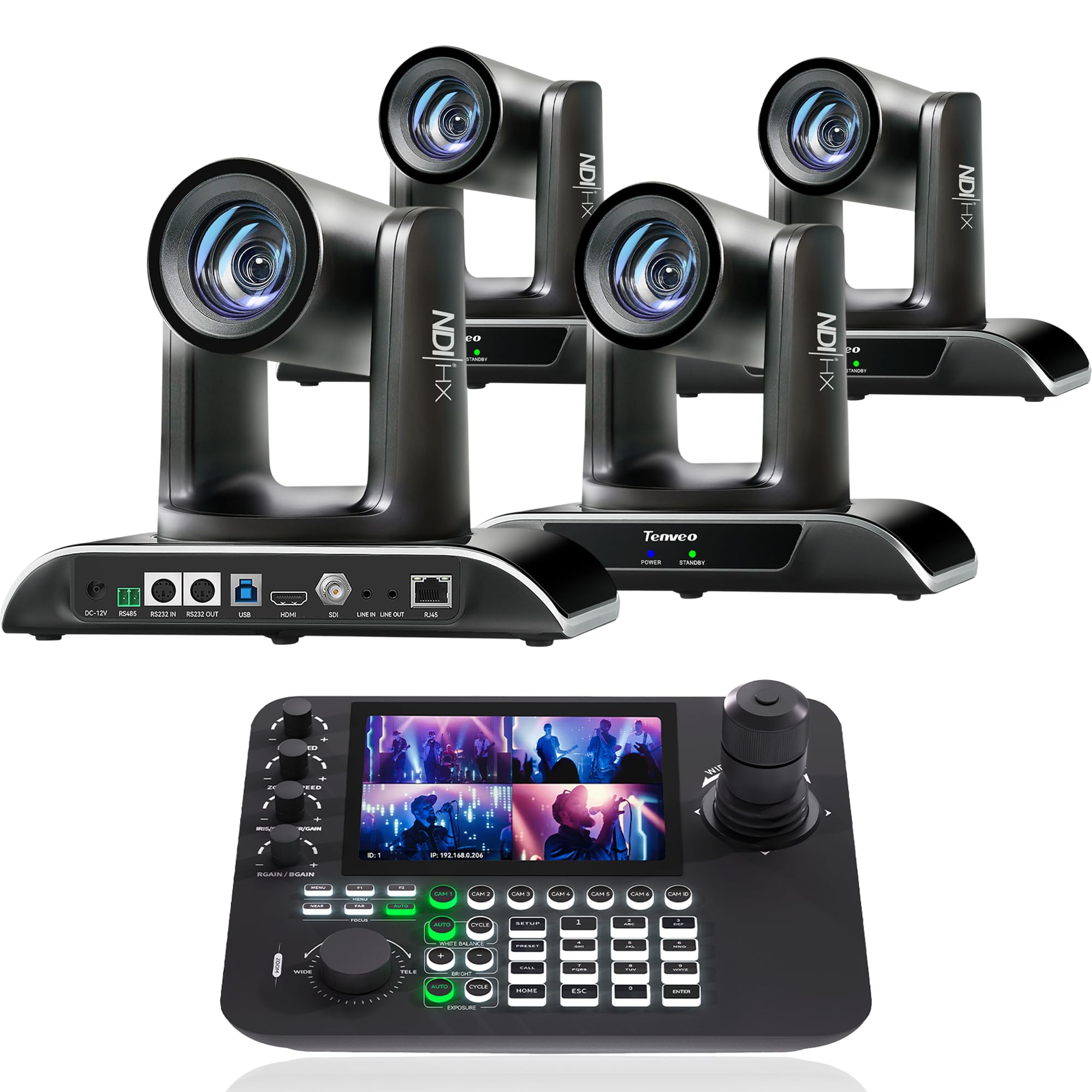 Tenveo PTZ Camera Bundle/Kits - 30X AI Auto Tracking NDI SDI/HDMI/USB3.0/LAN(PoE) PTZ Camera(4pcs) and 7’’ LCD Quad-Screen NDI PTZ Joystick Controller Kit for Live Streaming Product Launch Events