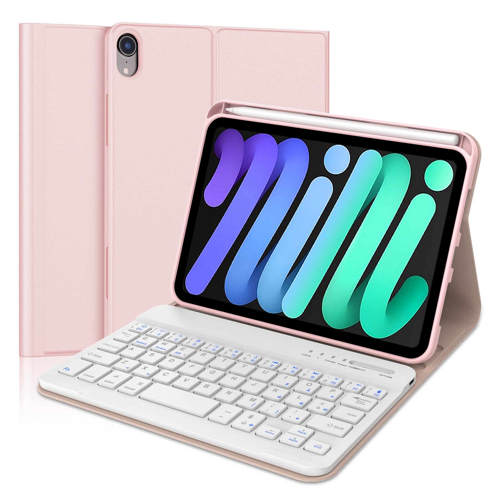 WINCHKING Tastiera per iPad Mini 7 2024/ Mini 6 2021, Custodia Tastiera per ipad Mini 7/6 Generazione 8,3", Cover Italiano QWERTY Bluetooth Keyboard per iPad Mini 6a/7a Generazione 8.3 Pollici, Rosa