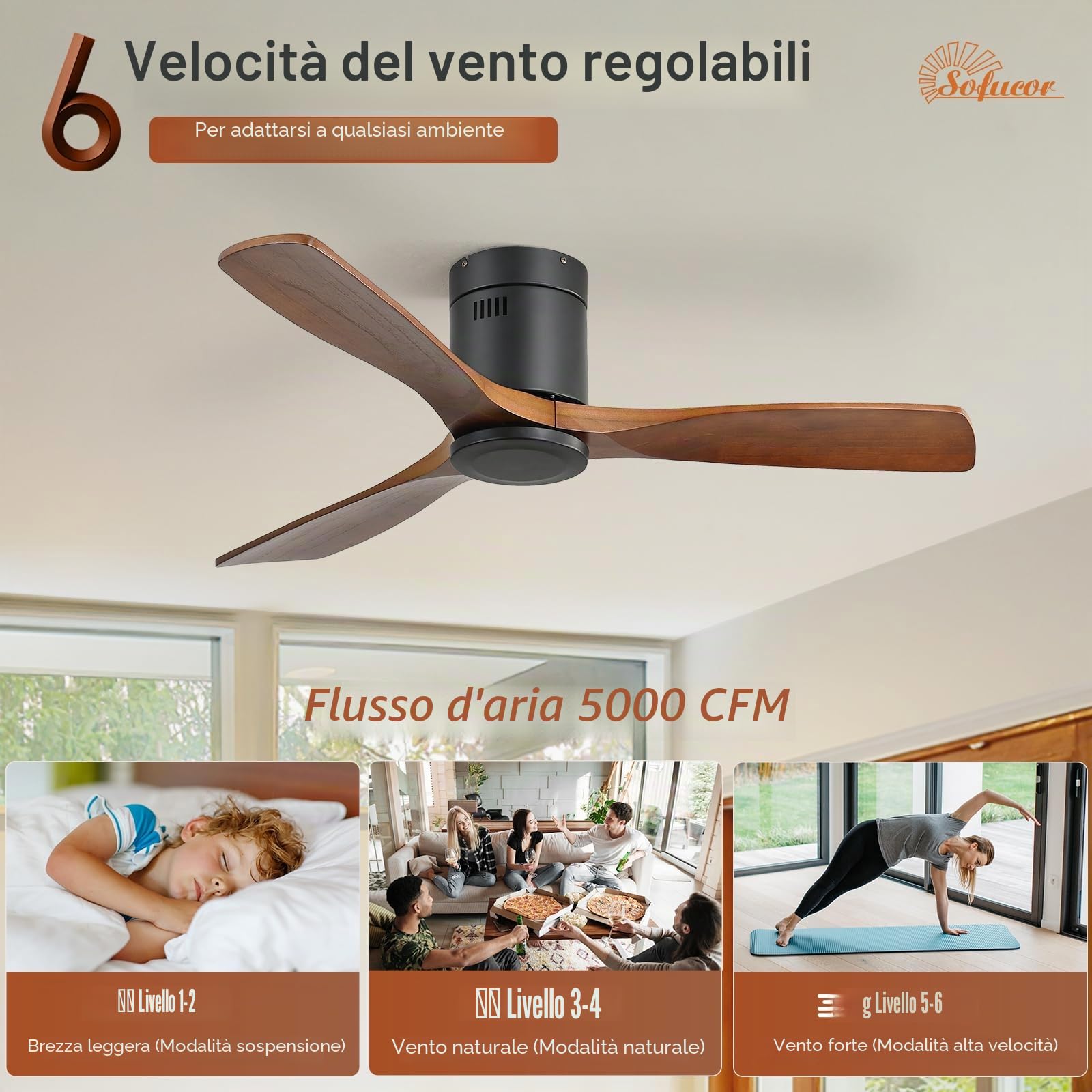 Sofucor 132cm Ventilatore da Soffitto in Legno Massiccio, Telecomando, 6 Velocità, Timer, Motore DC Silenzioso Ventilatore Soffitto per Soggiorno, Cucina, Camera da Letto