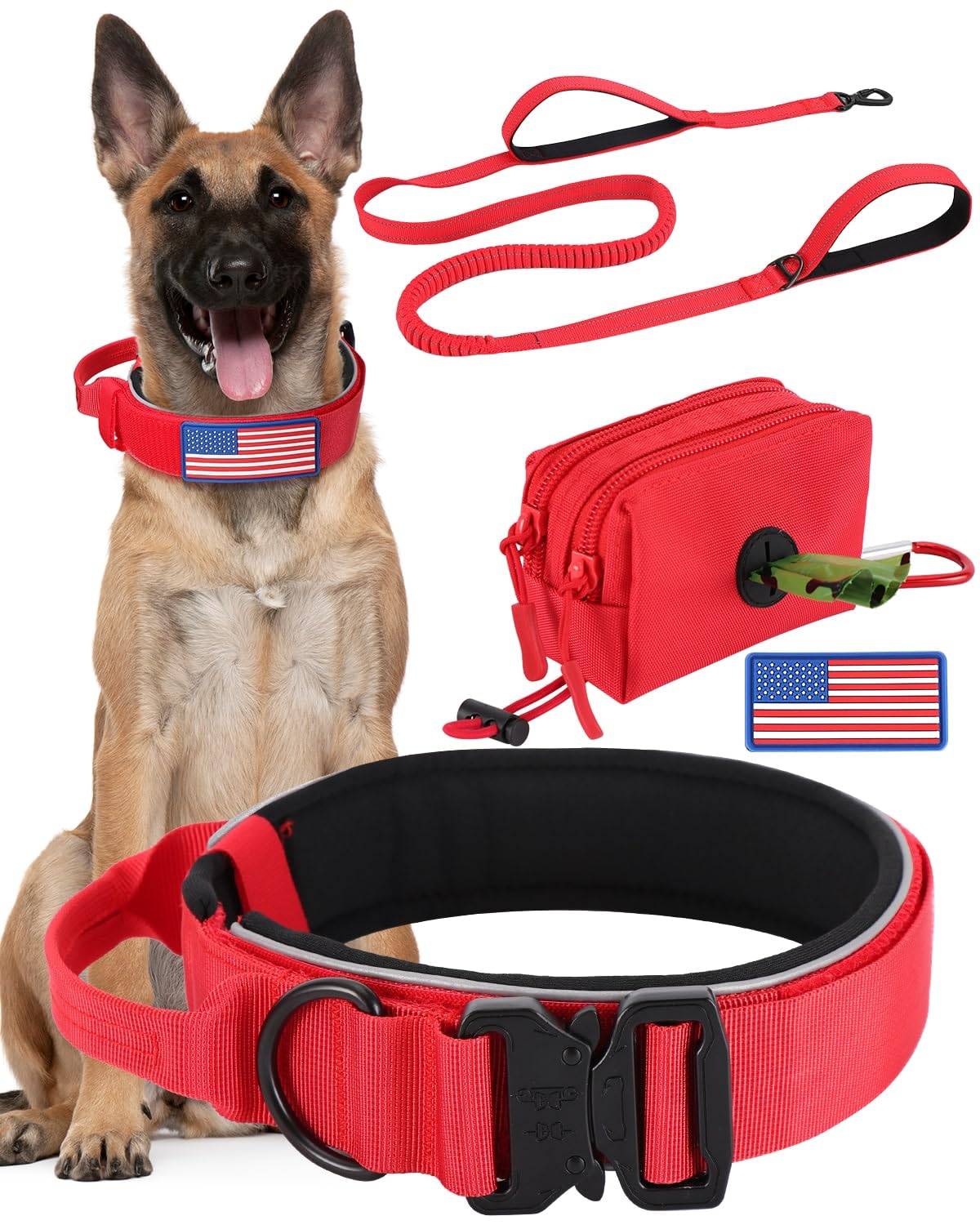 Thick Wide Reflective Dog Collar and No Pull 6-8 FT Leash Set for Large Dogs, Use Heavy Duty Full Metal Buckles and Soft Padded Dog Collar Leash Set, with A Poop Bag Holders for Leashes