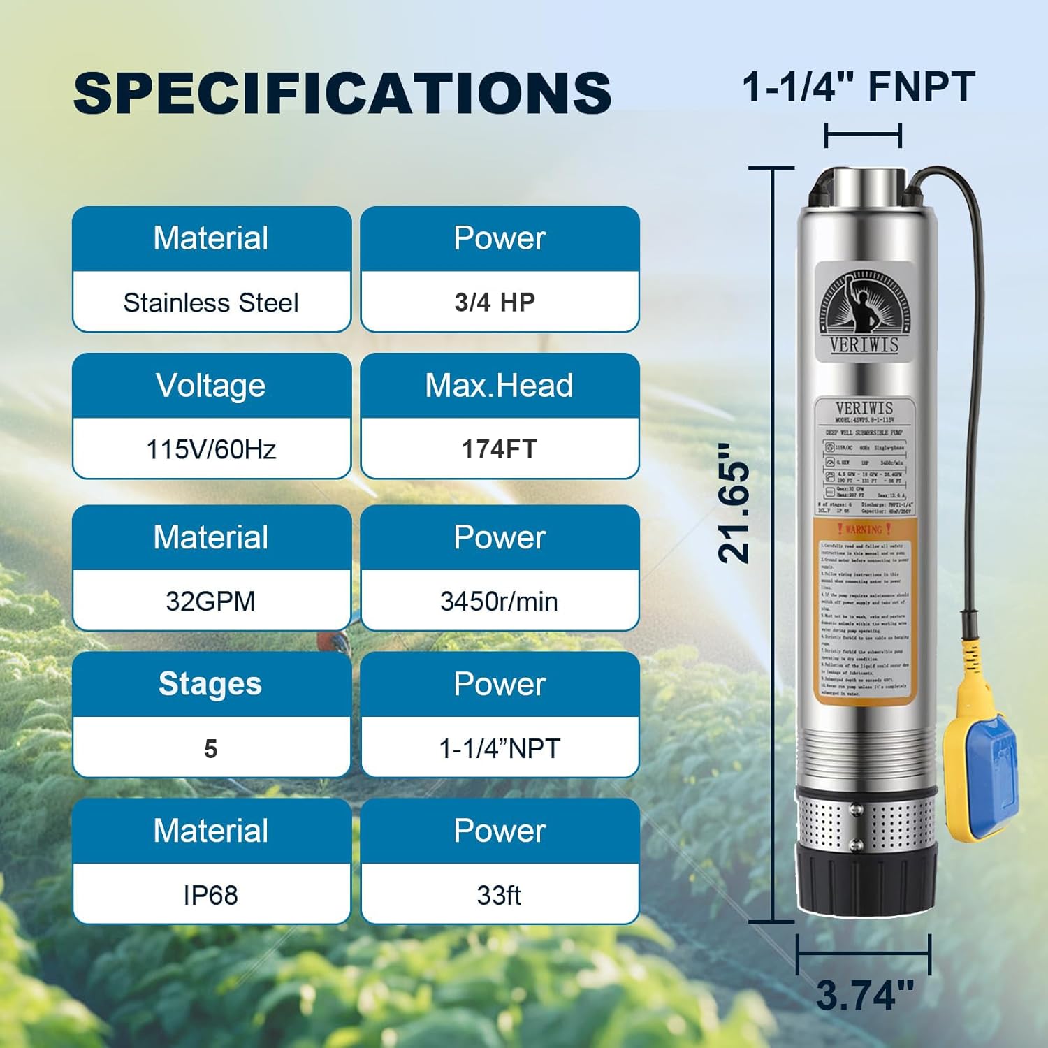 3/4HP Submersible Septic Tank Pump 4" Stainless Steel Effluent Cistern Pump 32GPM 174FT Head with 33FT UL Cord and Float Switch 115V 60Hz for Home Deep Well, Irrigation, Drainage
