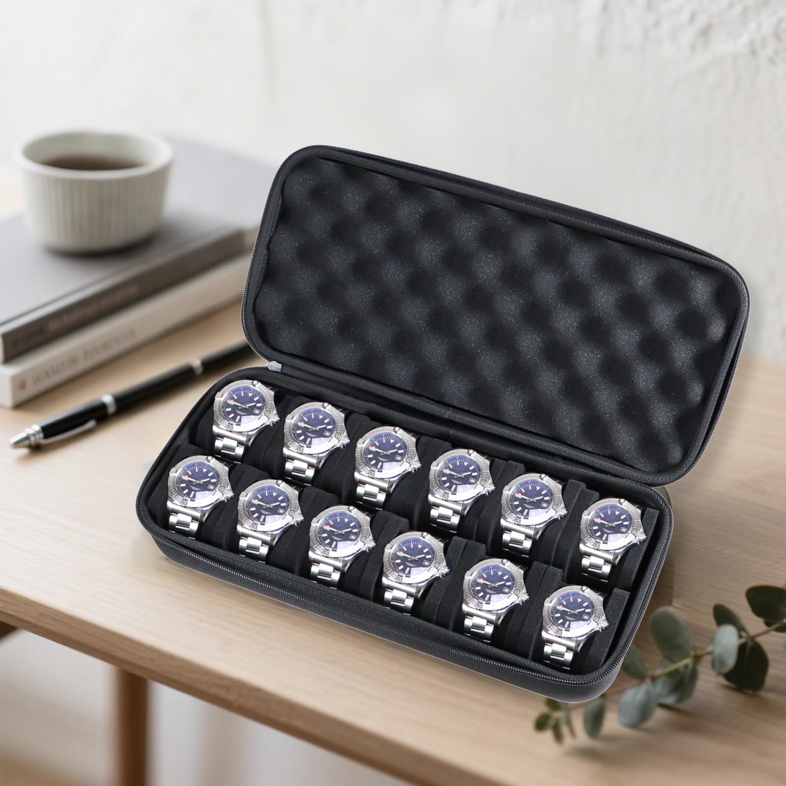 Juntan Custodia rigida da viaggio per orologi con 12 scomparti, in nylon, con cerniera, organizer per uomini e donne, con morbido cuscino in schiuma comprimibile nera