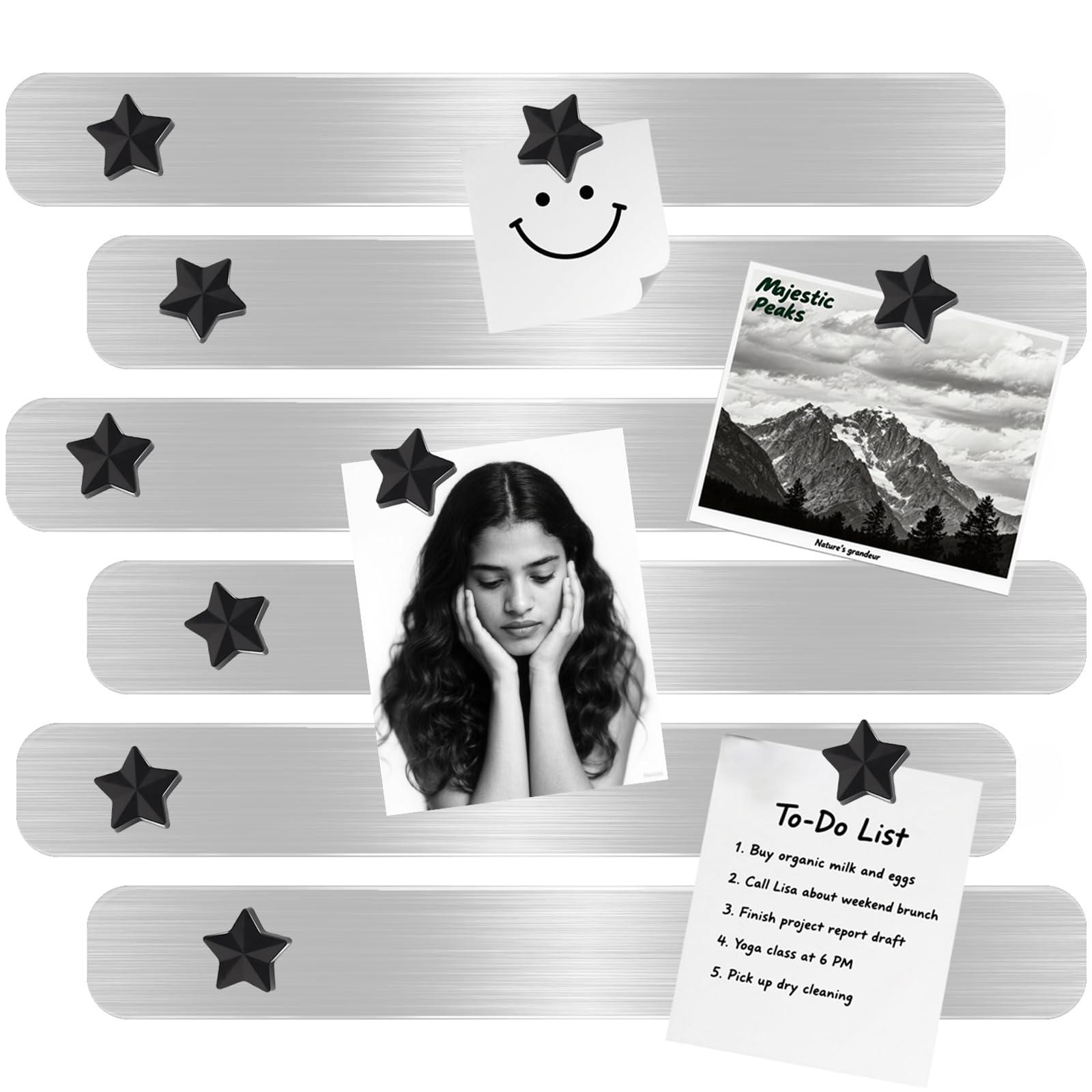 DUJEQM Magnetic Board - Frameless Stainless Iron Magnetic Strips with Adhesive Backing, 6pcs Magnet Board for Wall, Bulletin Bar Board with 10 Pieces Black Star Magnet, Memo Bar for Office School Home