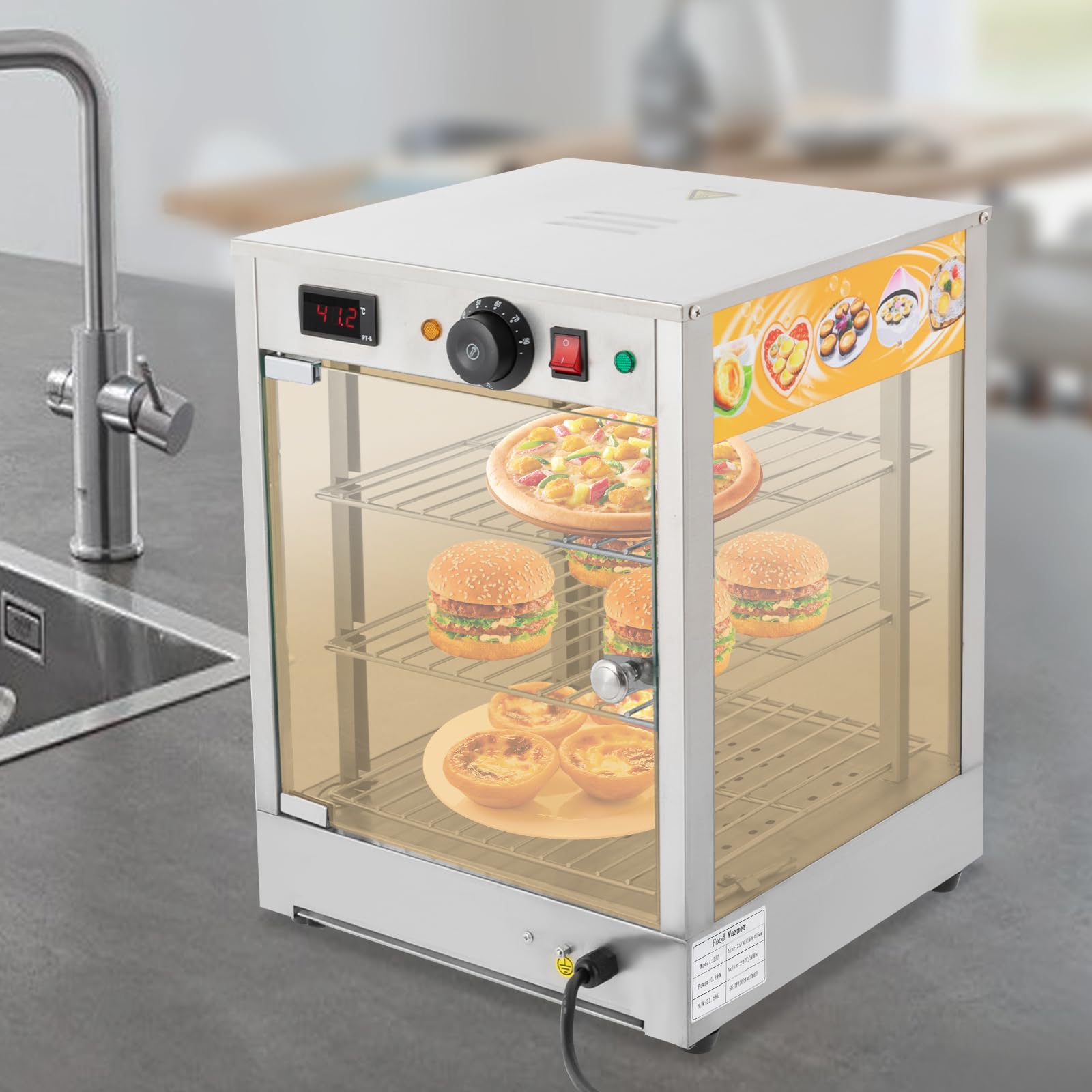 Scaldavivande elettrico da 800 W, in acciaio inox 201, 3 ripiani, design digitale, funzione termostatica, temperatura regolabile, frontale in vetro trasparente, ripiani rimovibili per ristoranti