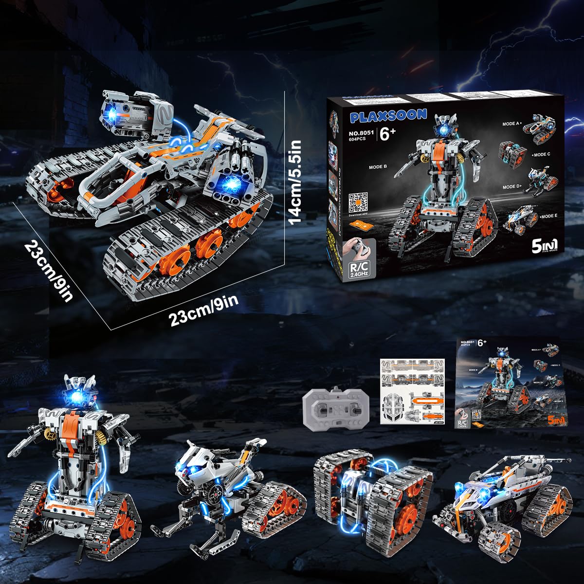 PLAXSOON Juguete de construcción técnico con luces LED, robot tanque 5 en 1 con control por app y mando a distancia, bloques de construcción, 604 piezas RC Technic, kit de construcción, juguete