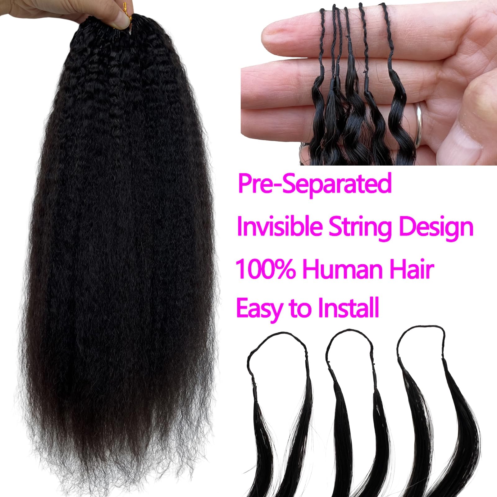 Extensión de cabello humano de ganchillo de plumas lacias, Yaki, preseparadas, sin nudos, con lazo para trenzas bohemias reutilizables, 14 pulgadas, 60 g, 50 mechones