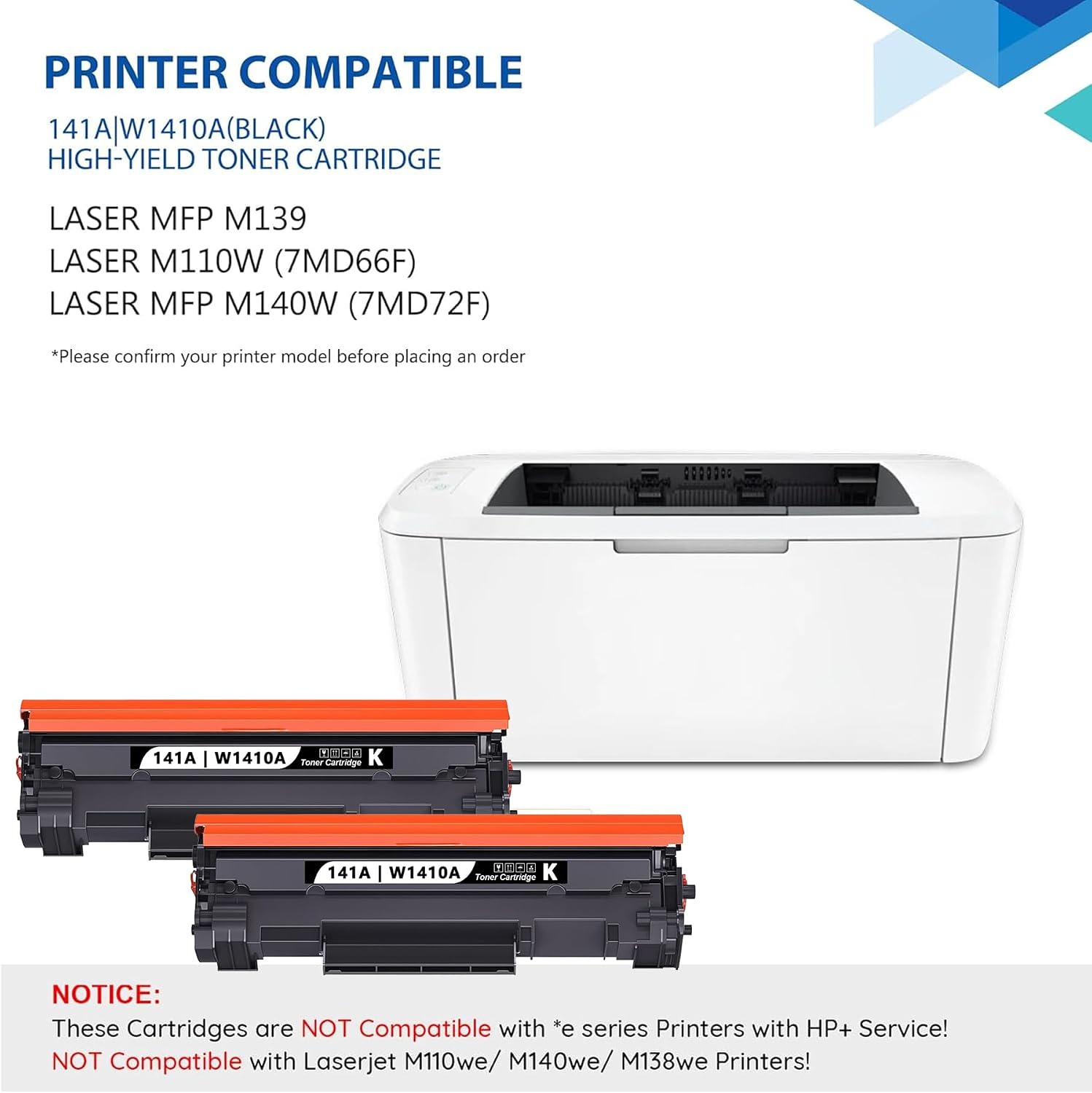 W1410A 141A Black Toner Cartridge with Chip 2-Pack, Black Cartridge 141A W1410A Remanufactured Replacement for HP 141A Toner Cartridge for Laser MFP M139, M140 (7MD72F), Laser M110 (7MD66F) Printer
