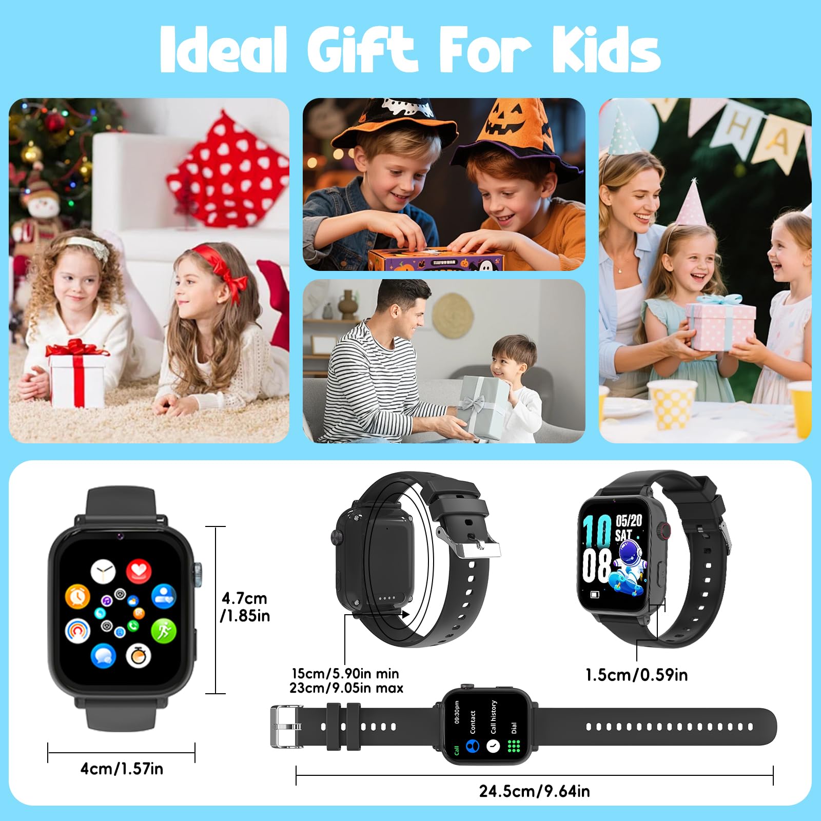 Alutoria Smartwatch Kinder mit GPS und Telefon, 4G Kinderuhr mit Videoanruf | Voice Chat, 2x Uhrarmband‌, SOS, Schulmodus, Schrittzähler, Uhr Kinder Smartwatch für Mädchen Jungen Geschenke, Schwarz